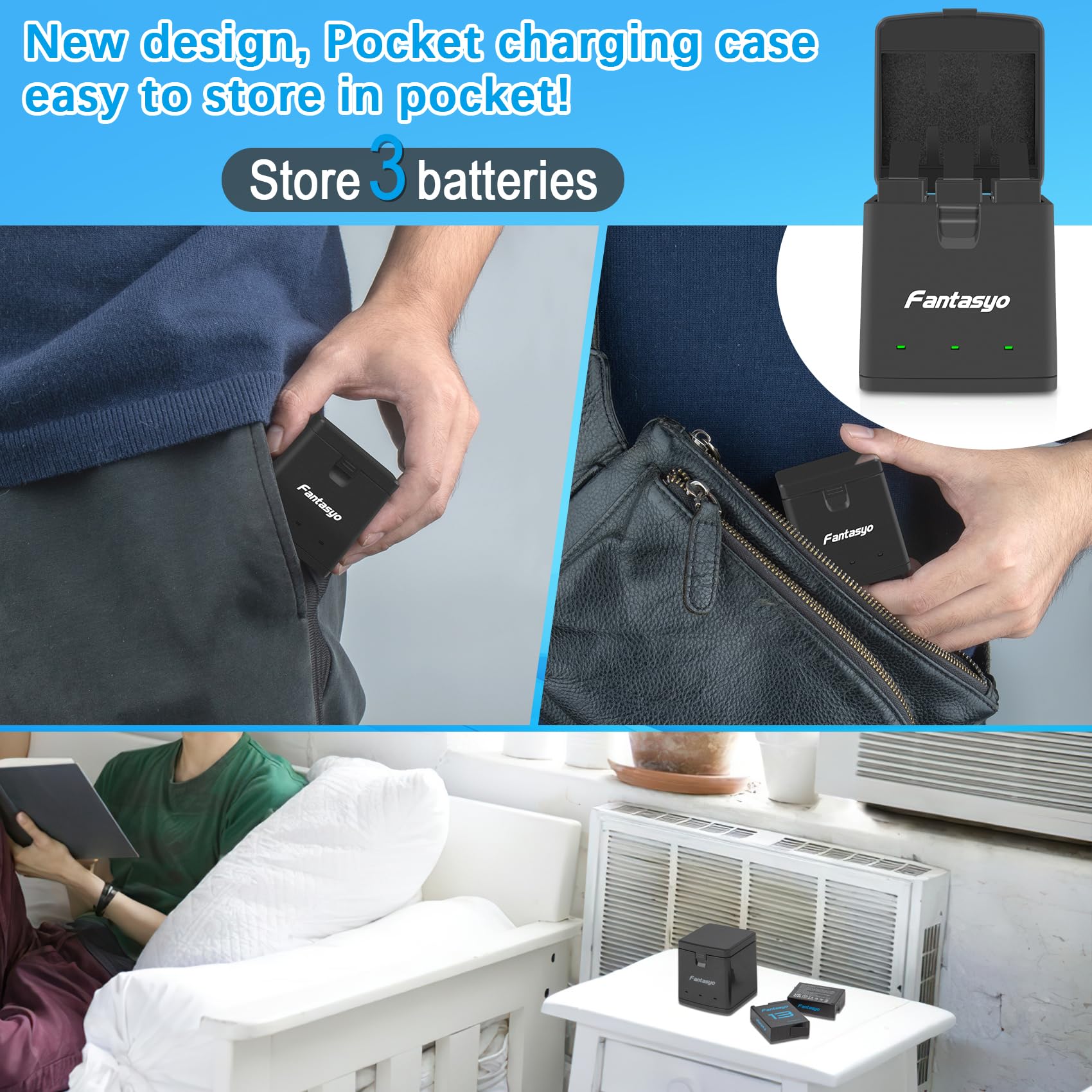 Fantasyo Batterie di ricambio da 2100 mAh (confezione da 2) per GoPro Hero 13 Black e caricatore rapido a 3 canali, completamente compatibili con batteria e caricabatterie GoPro Hero 13
