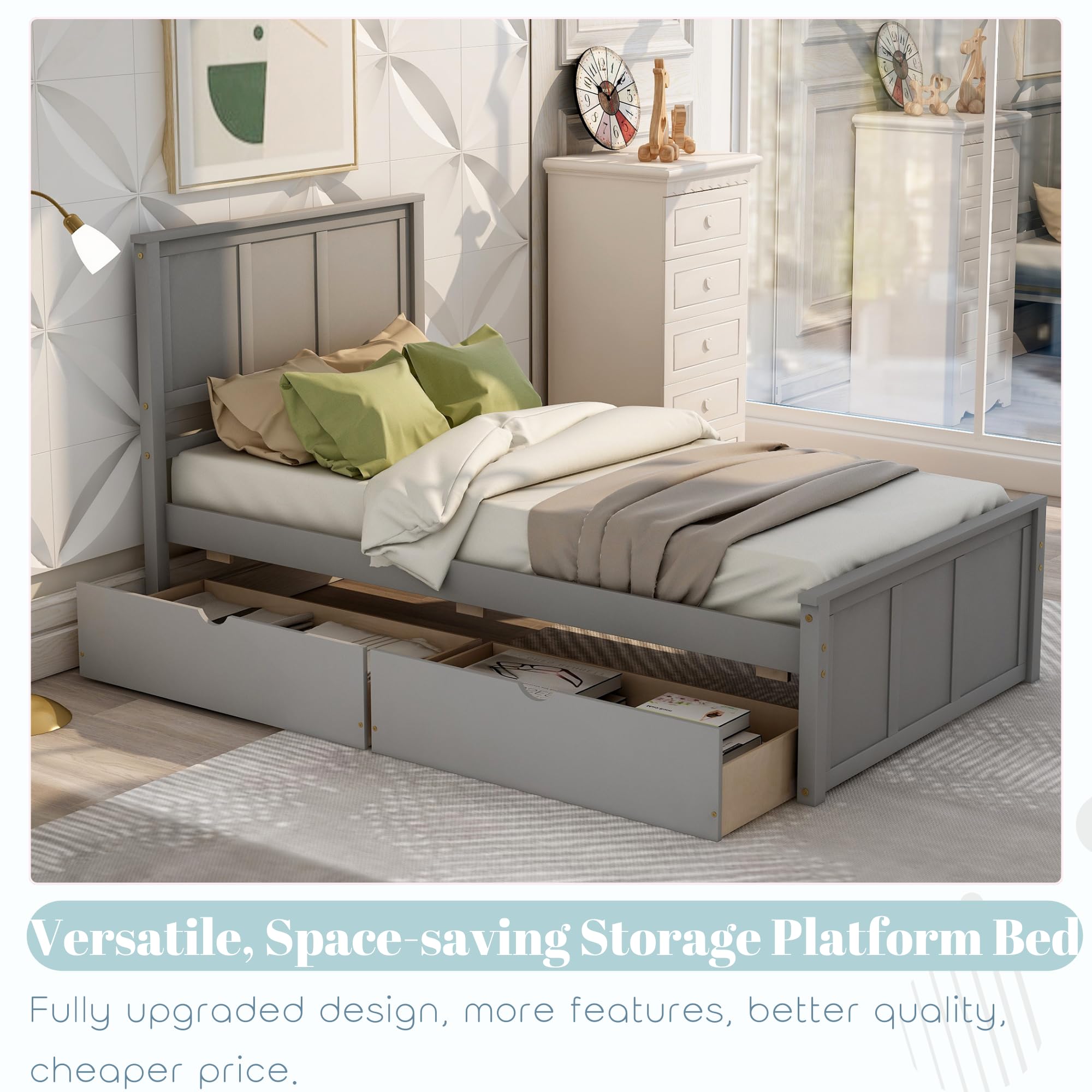 Twin Bed with Drawers,Wood Platform Bed Frame with Headboard and Footboard Wooden Captain Bed for Boys, Girls, Kids, Teens, Gray