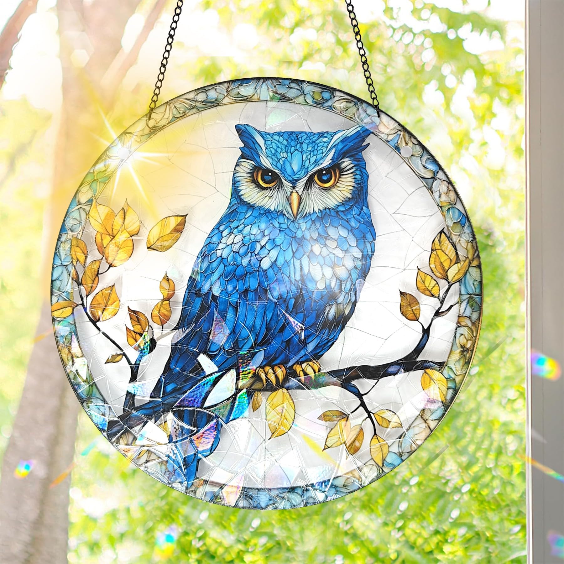 Colorful Acrylic Suncatcher, Owl Stained Glass Style Sun Catcher Hanging Pendant, Rainbow Maker Wall Art Decor with Chain, Sunshine Windows Refractor Indoor Outdoor Home Ornament 7.8x7.8 inch