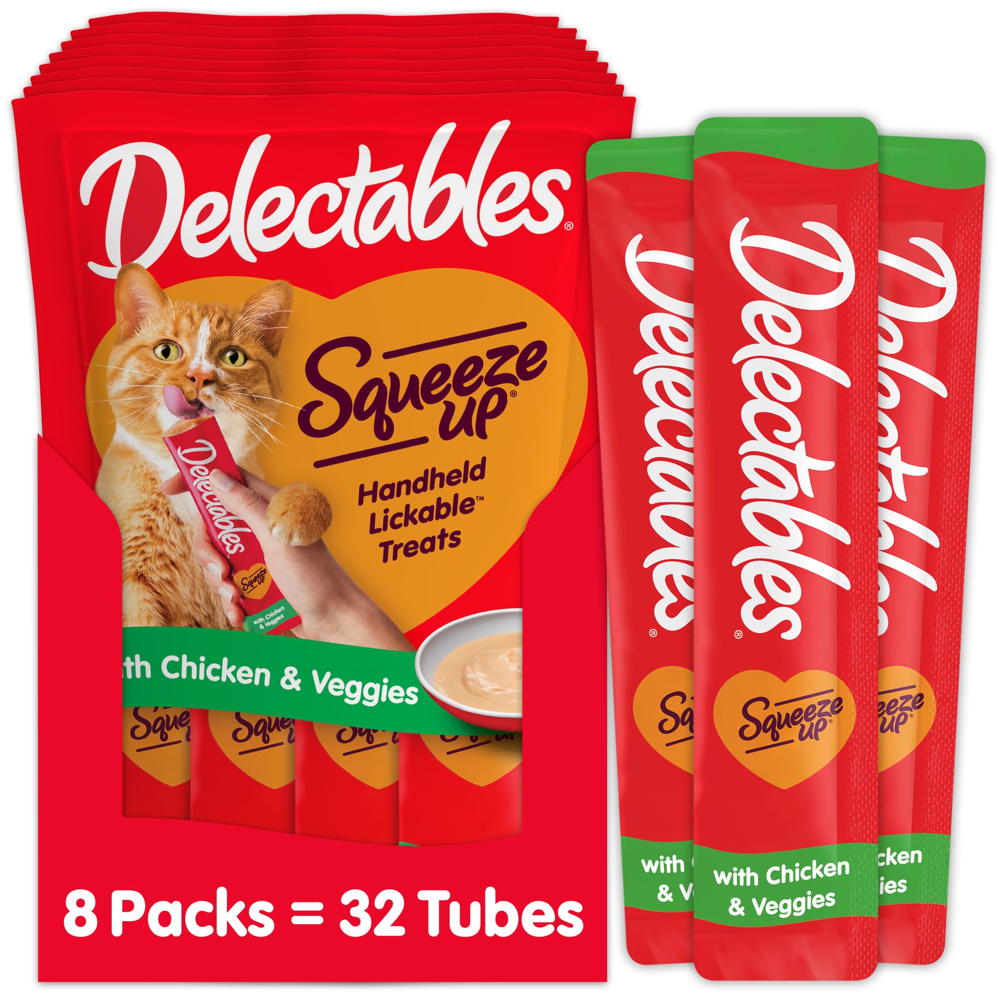 Hartz Delectables Squeeze Up Interactive Lickable Wet Cat Treats for Adult & Senior Cats, Chicken & Veggies, 4 Count (Pack of 8)