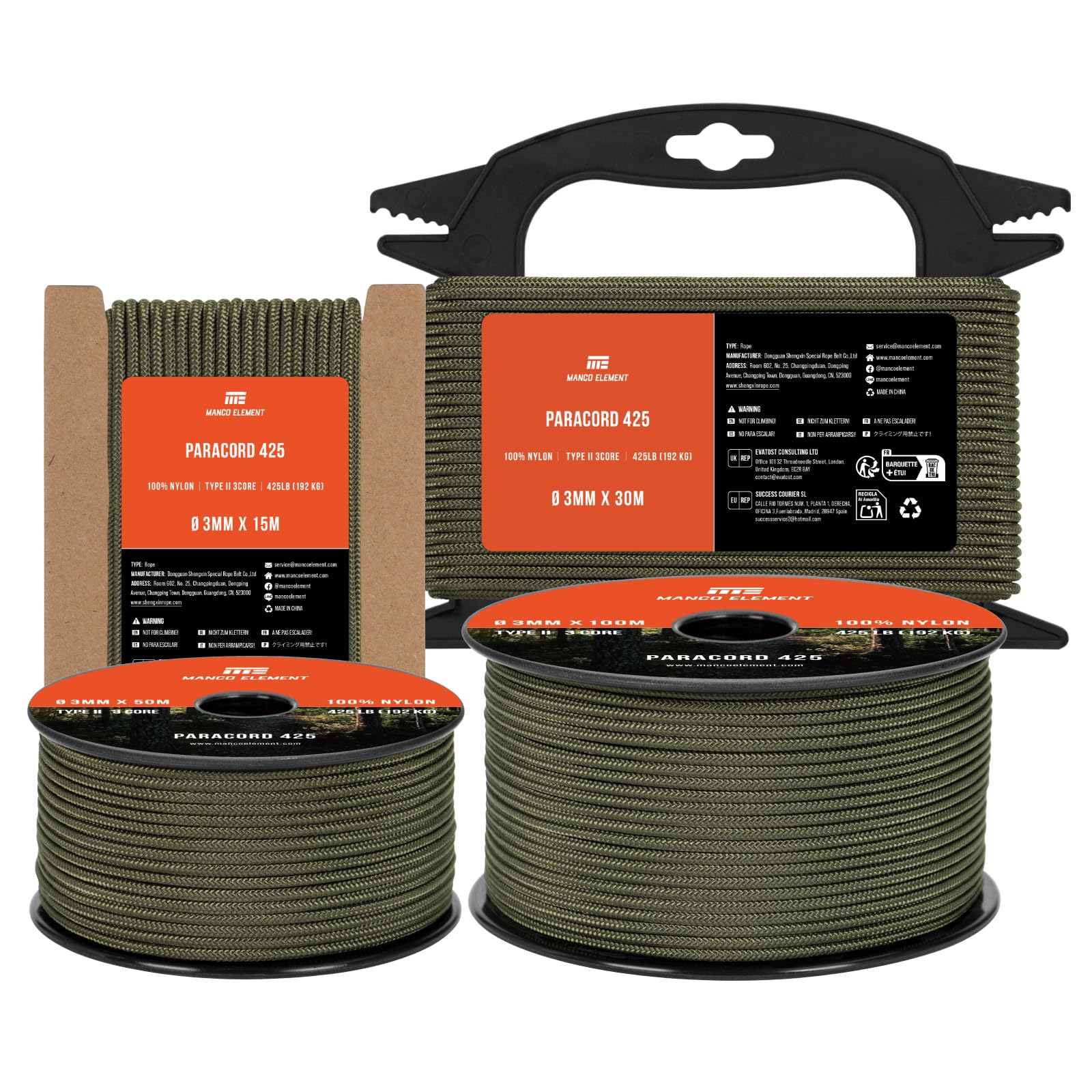 Manco Element 3mm Paracord 425 Type II 30m Army Green | 100% Nylon Rope 3 Strands Tactical Cord | Ideal for Outdoor, Camping, Survival, Crafting, DIY