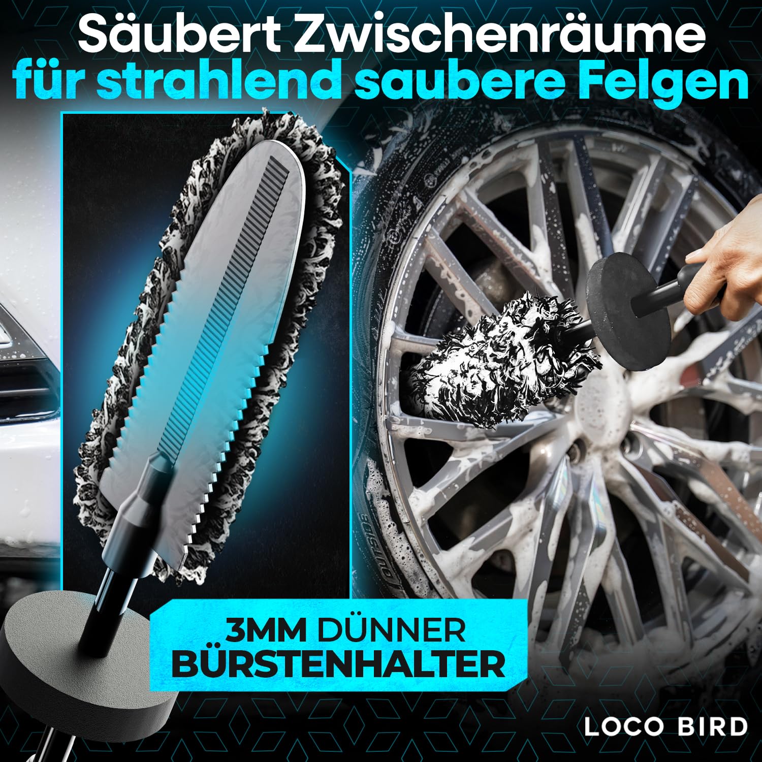 Loco Bird Szczotka do felg samochodowych z mikrofibry – delikatne czyszczenie wszystkich felg samochodowych – zestaw do mycia samochodu, szczotka do felg z mikrofibry, szczotka do felg aluminiowych