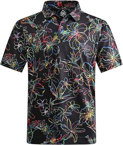 DEOLAX Mens Golf Shirt Performance Moisture Wicking Mens Polo Shirts Fashion Print Dry Fit Polo Shirts Short Sleeve Soft