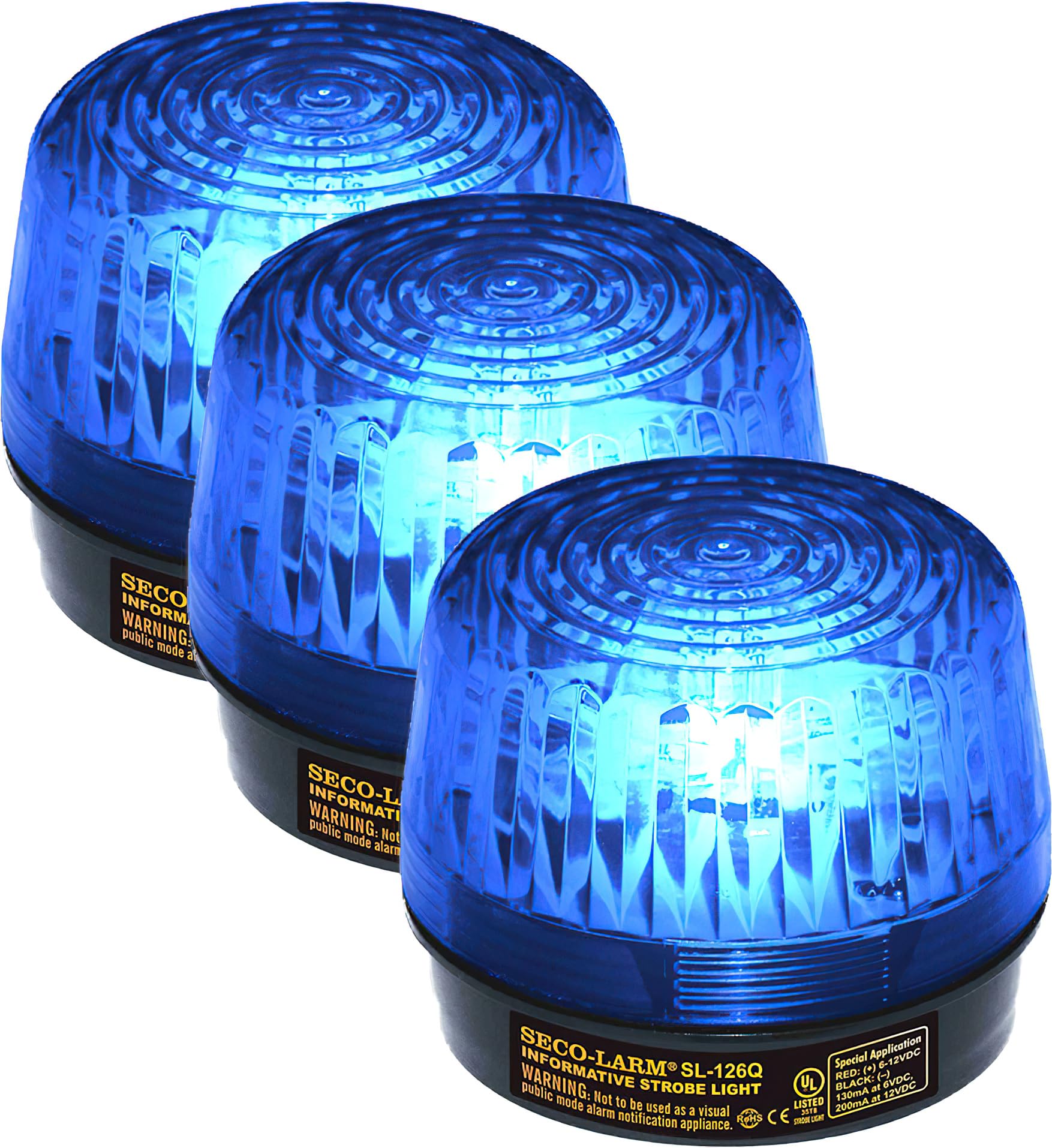 Seco-Larm SL-126Q/B Pack of 3 Strobe Lights, Blue; 6 ot 12VDC; Easy 2-Wire Installation; High-Impact and Heat-Resistant Acryrex Lens; Lifespan of Over 300 Continuous Hours; Protective Inner Cover