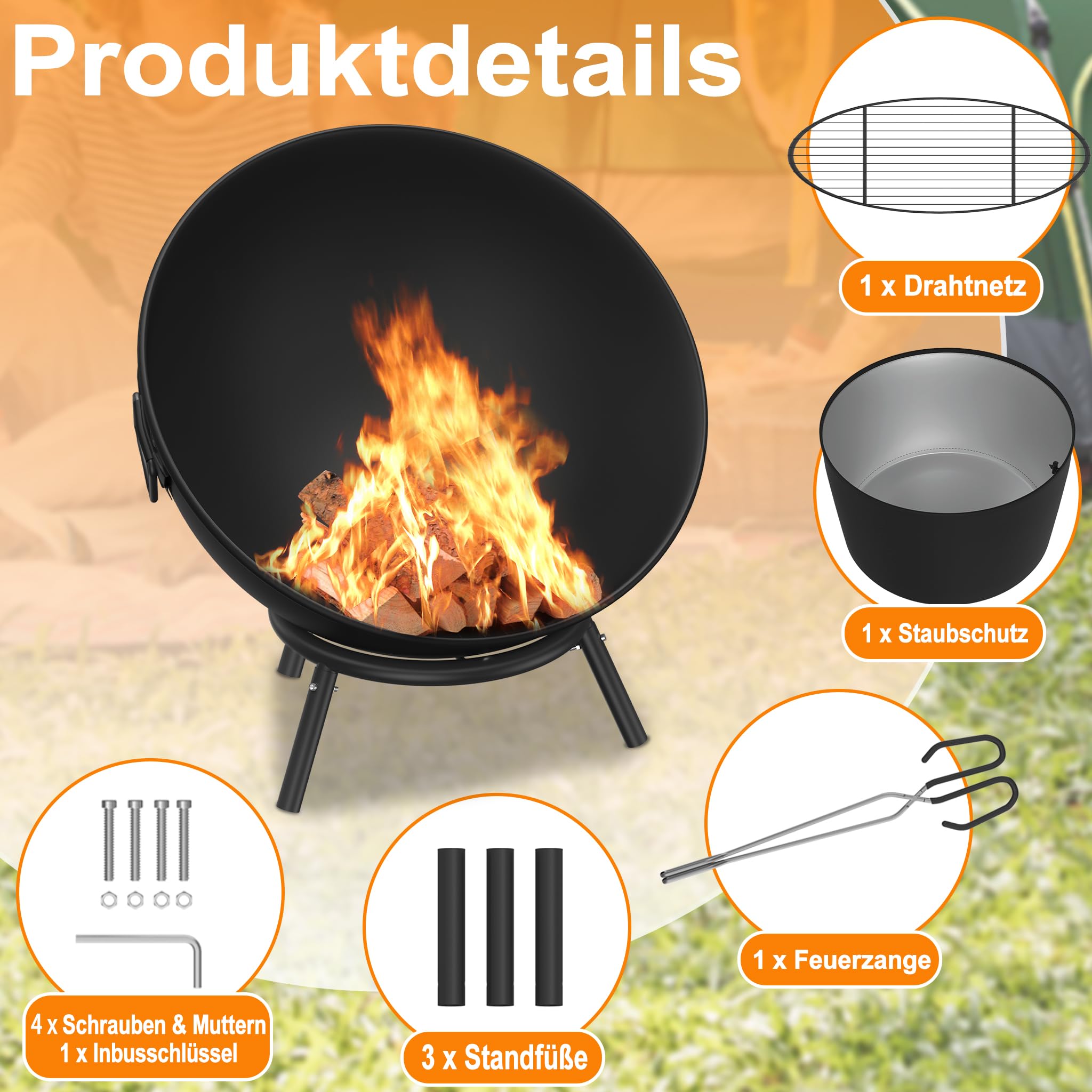 Feuerschale 62 cm Feuerschalen für den Garten, Terrasse & Balkon Feuerkorb Camping aus Stahl Feuerstelle Outdoor mit Dreibein Gestell Feuertonne Flexibel Einstellbarer für Lagerfeuer Schwarz