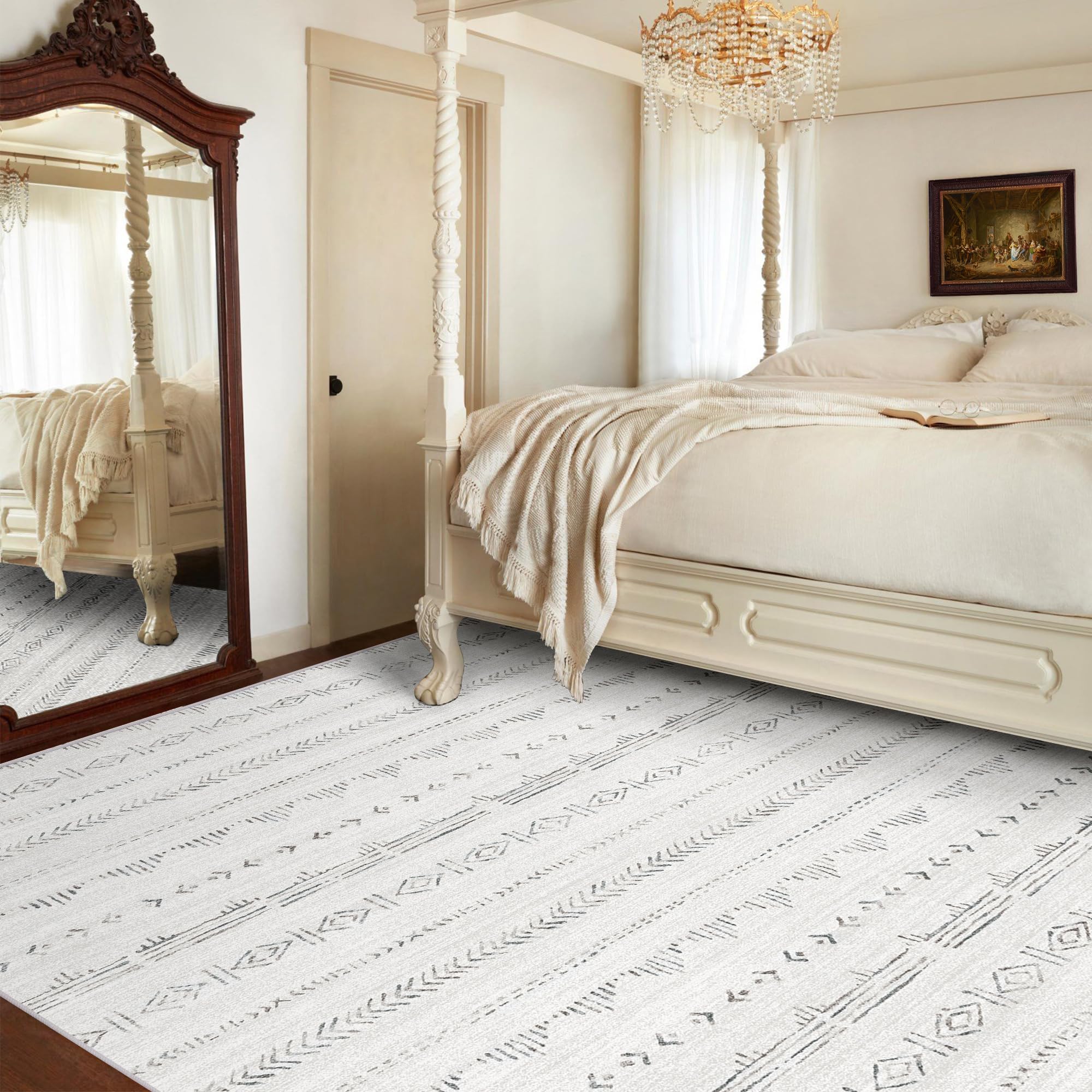 Deerly Washable 5x7 Rugs Bedroom, Moroccan Farmhouse 5 x 7 Rug with Non-Slip Backing, Soft Low Pile Indoor Floor Carpet Boho Neutral Area Rug for Living Room Home Office Decor, Light Grey