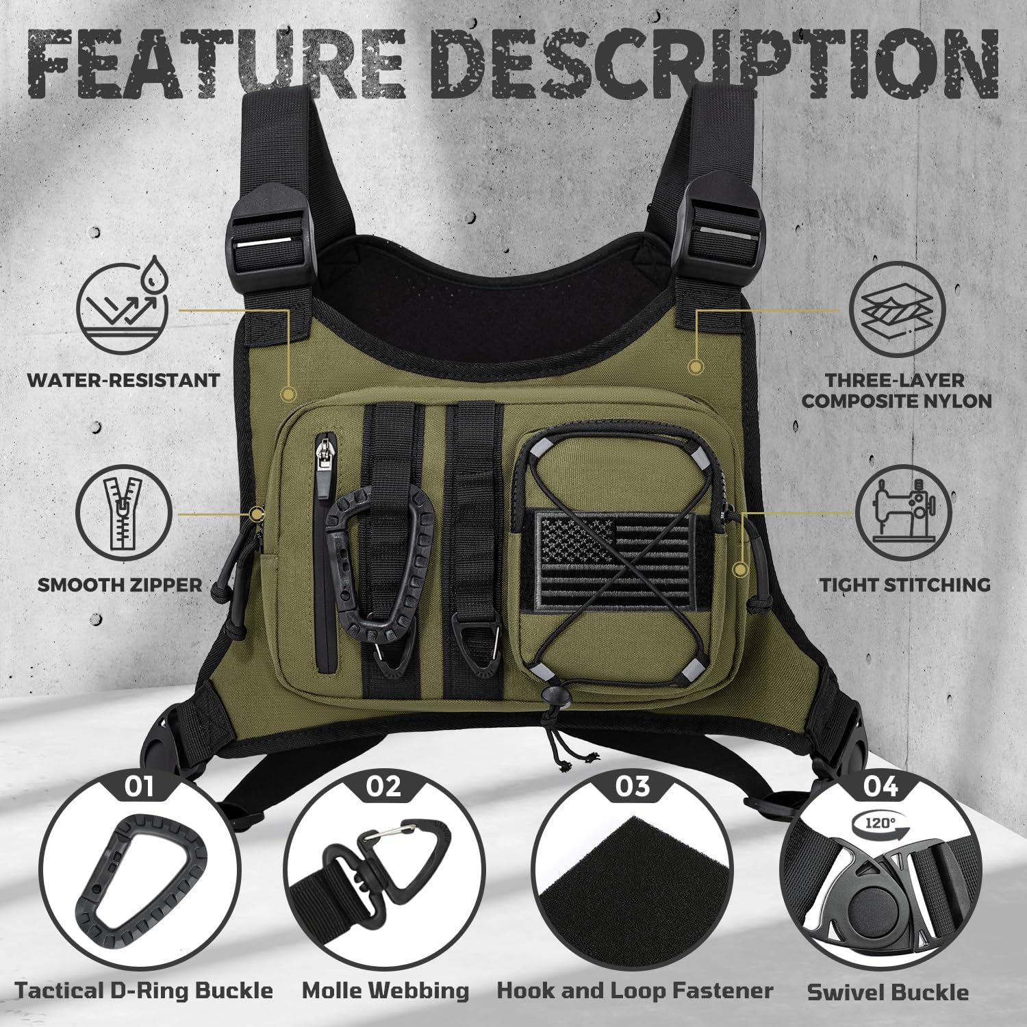 Outdoor EDC Chest Bag,Tactical Chest Bag for Men,Chest Vest with Holster,Men Chest Pack for Running,Cycling