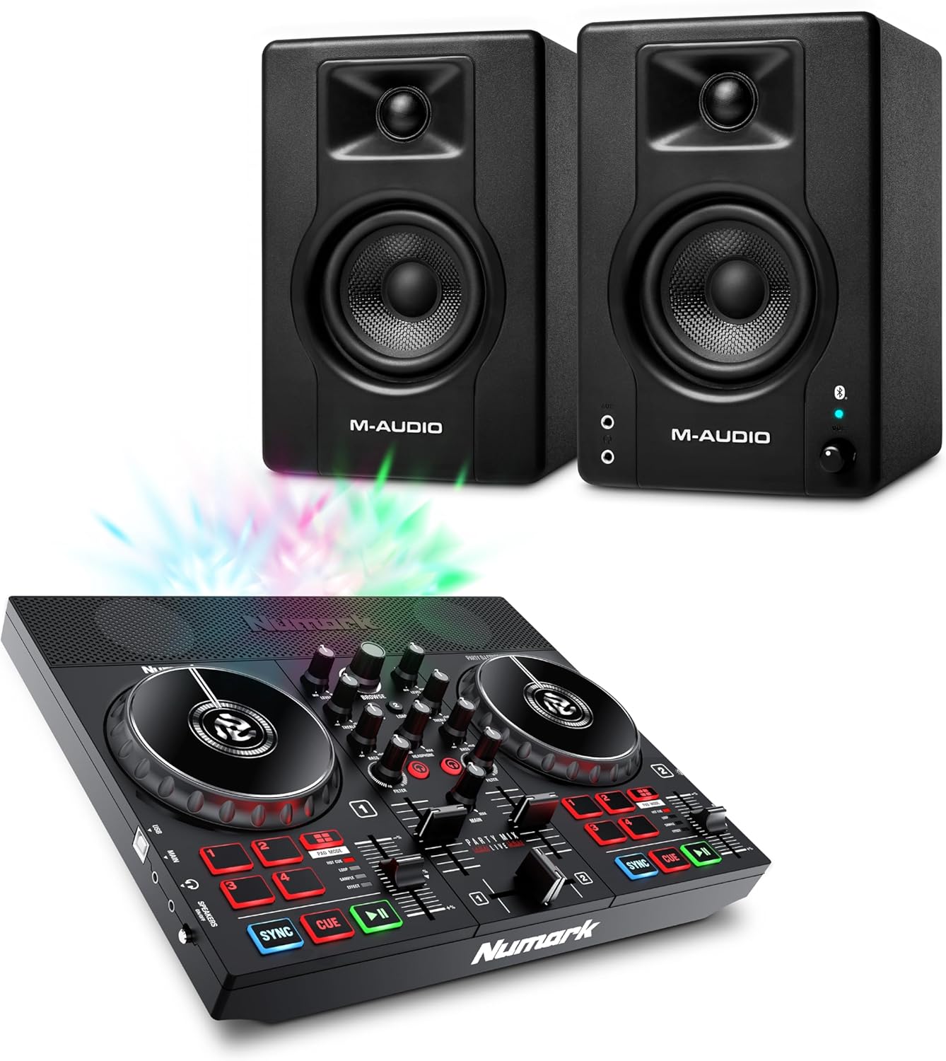 Numark Party Mix Live DJ Controller and M-AUDIO BX4 Pair Bluetooth Studio Monitors for Studio Recording, Music Production, Podcasting, Streaming