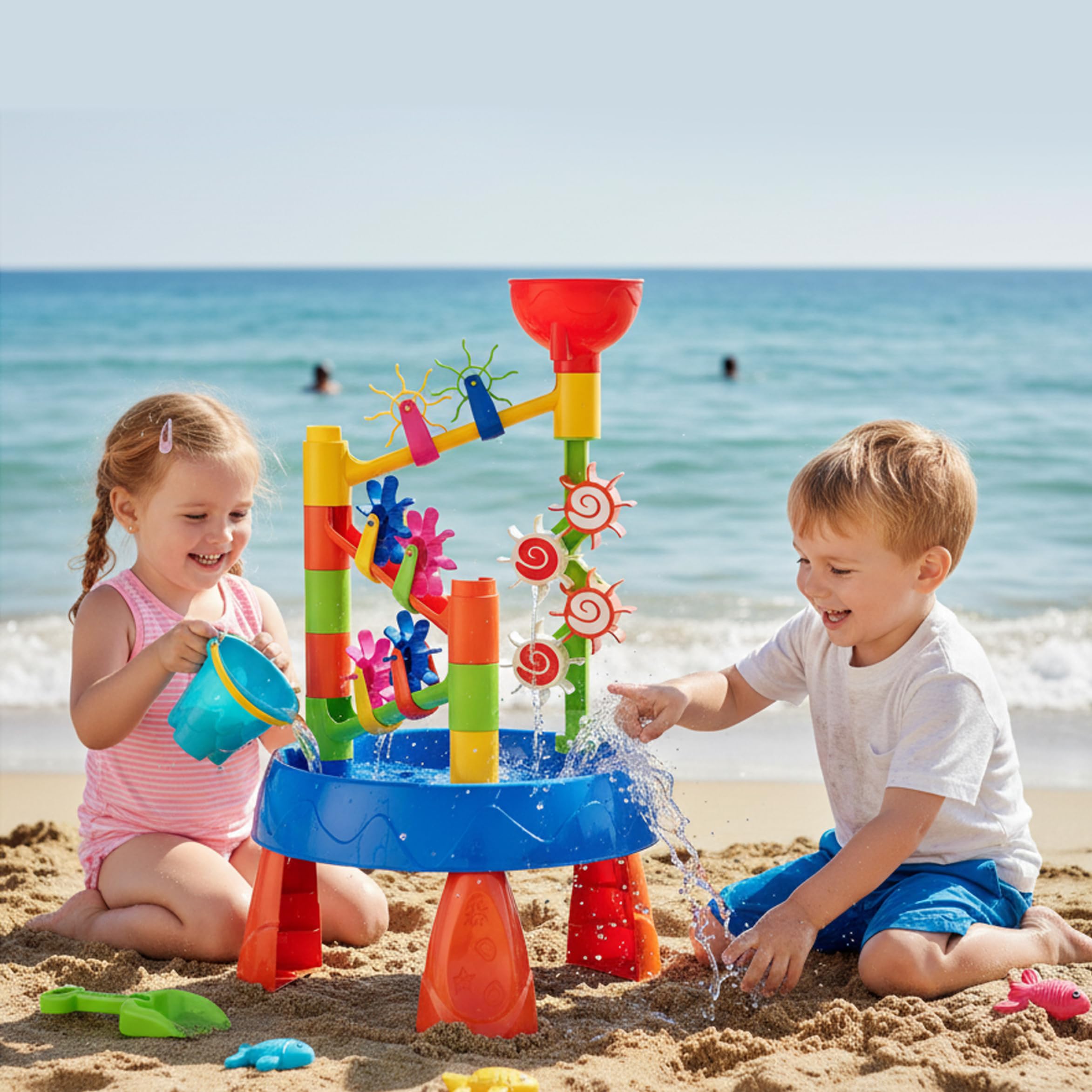 Sand-Wassertische, Baby-Wassertisch, Kindertisch zum Spielen im Freien – 32-teiliges Sand- und Spielzeug-Set für Kleinkinder mit Rad, Eimer, Schaufel für Kinder im Alter von 1–8 Jahren, Sommer, Stran
