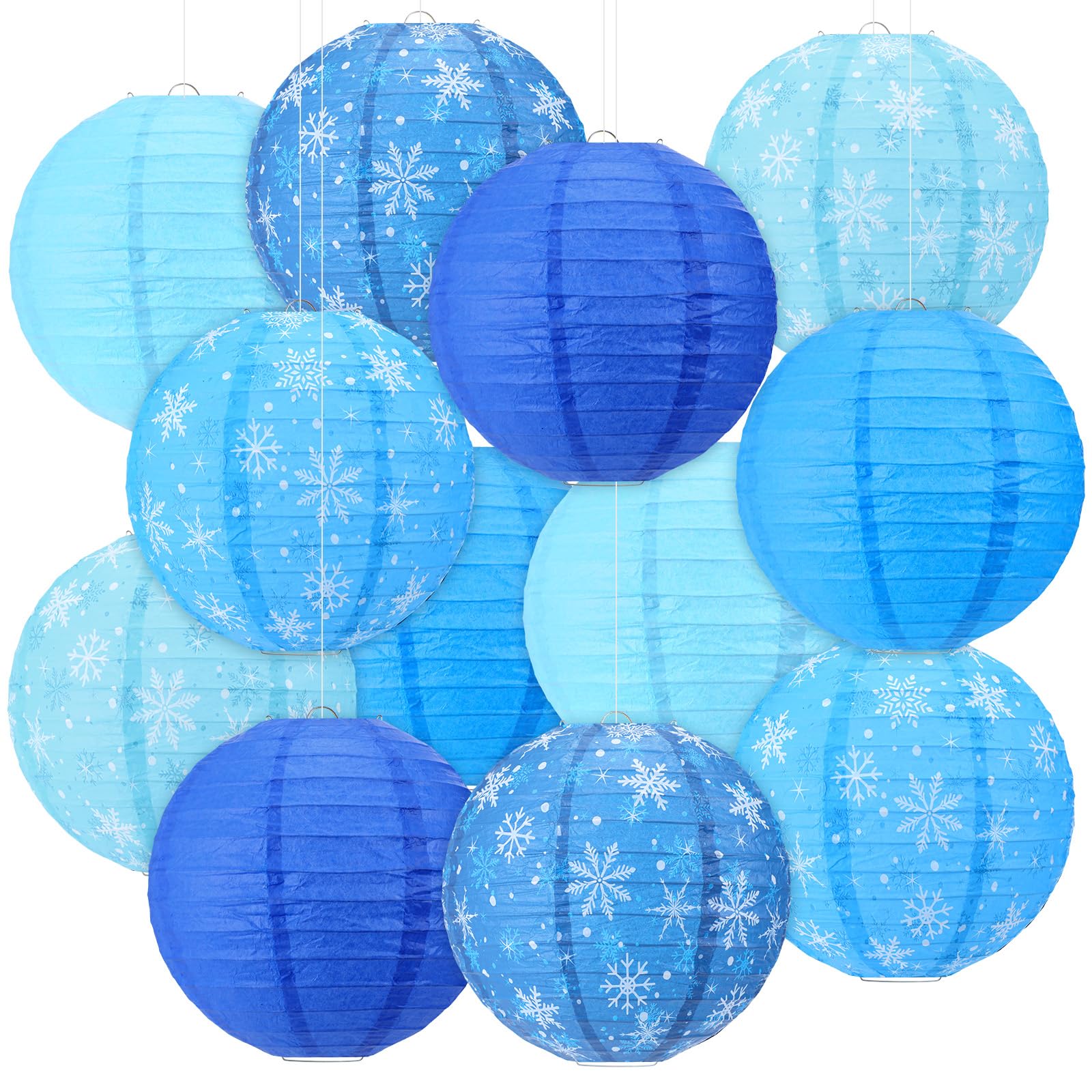 Panelee 12 Pcs Winter Snowflake Paper Lanterns 8 Inch Blue Round Hanging Paper Lanterns Holiday Party Decorations for Christmas Birthday Baby Shower Party Home Indoor Outdoor Decor