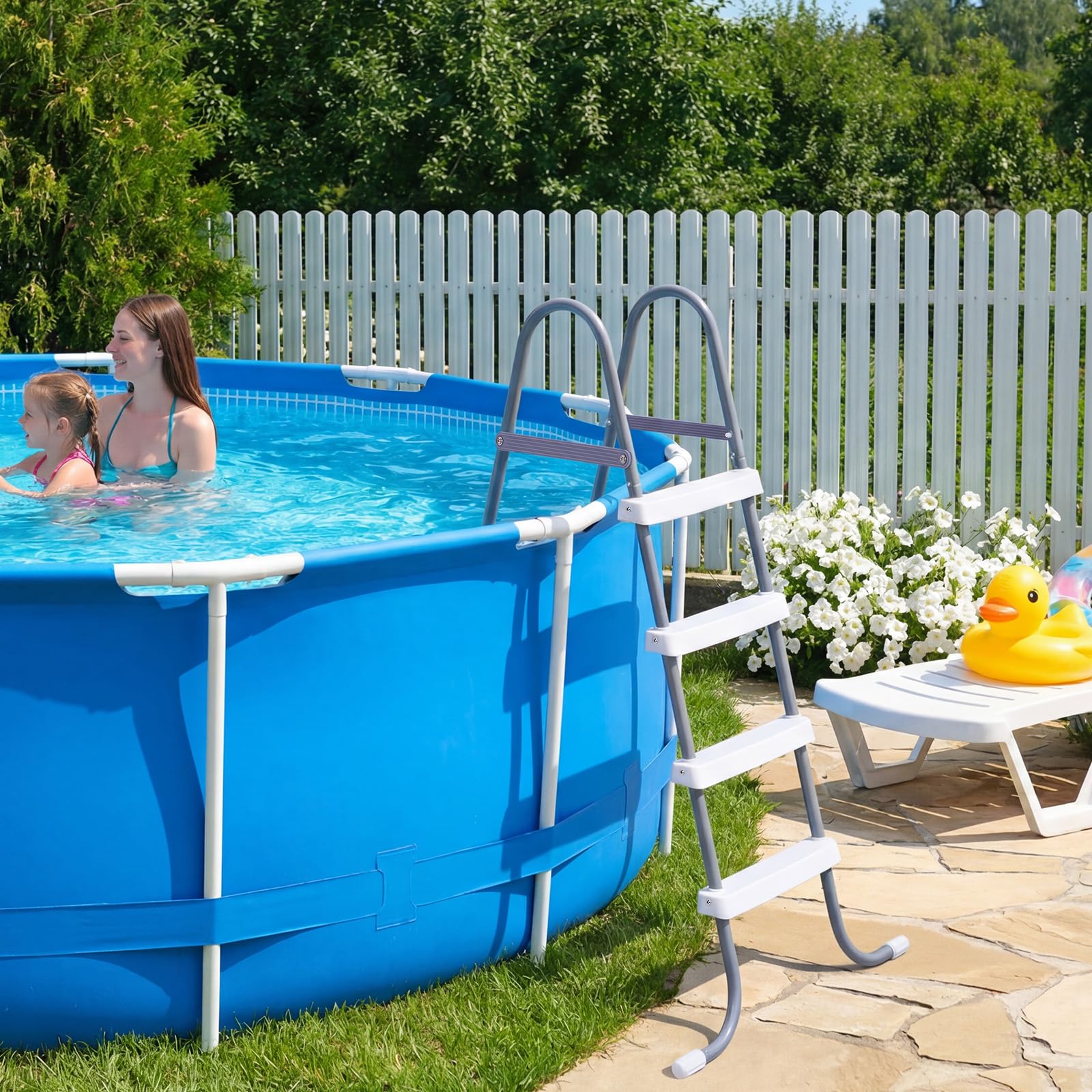 VEVOR Échelle de Piscine Hors Sol 122 cm Acier Carbone 4 Marches PP Antidérapantes Capacité Charge 136 kg Gris Blanc
