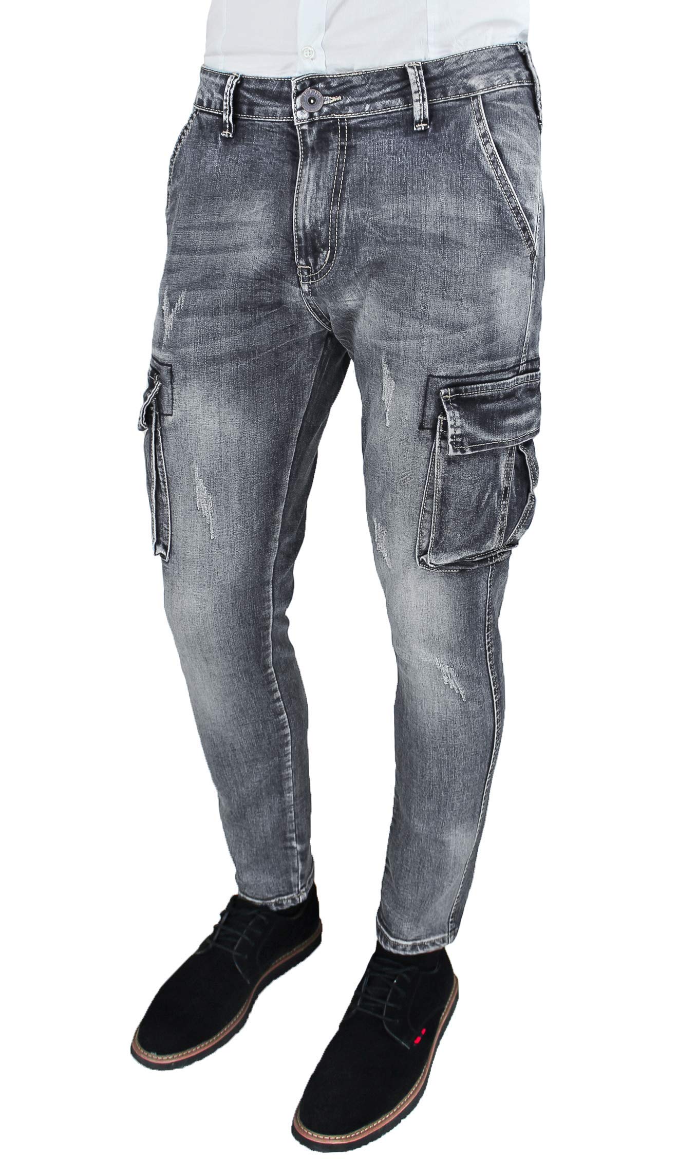 Evoga Jeans Uomo Cargo Blu Denim Casual Slim Fit con tasconi Laterali
