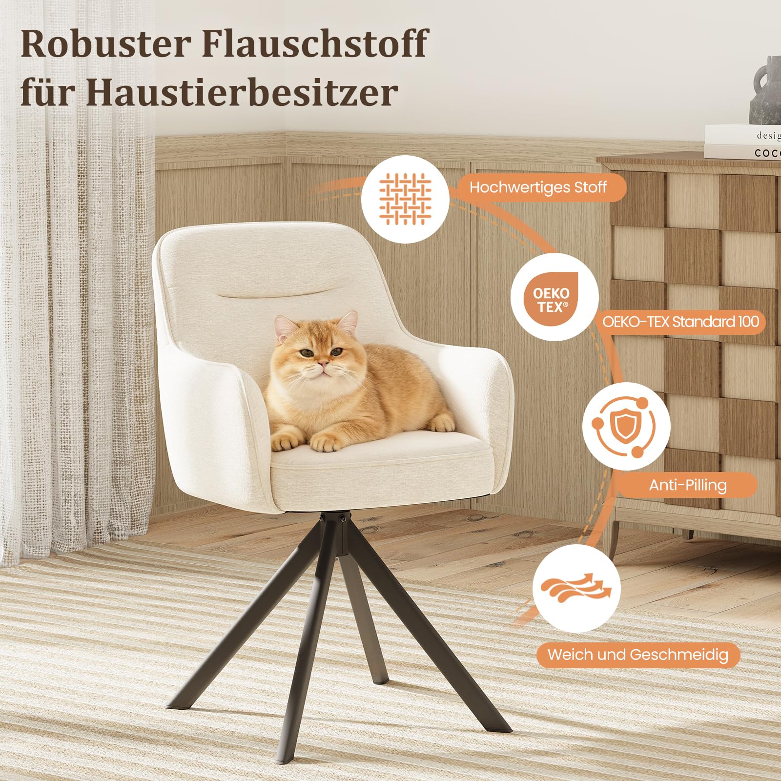 COLAMY Drehbare Esszimmerstühle 4er Set mit Armlehnen, Drehbare Polsterstühle für Küche & Esszimmer aus weichem Florstoff mit Metallgestell und Rückenlehne, für Esszimmer, Küche, Büro,Beige