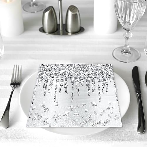 Miniatura 4 de Servilletas plateadas para fiesta de cumpleaños, 100 unidades, suministros de servilletas de papel con temática de diamantes, servilletas de papel