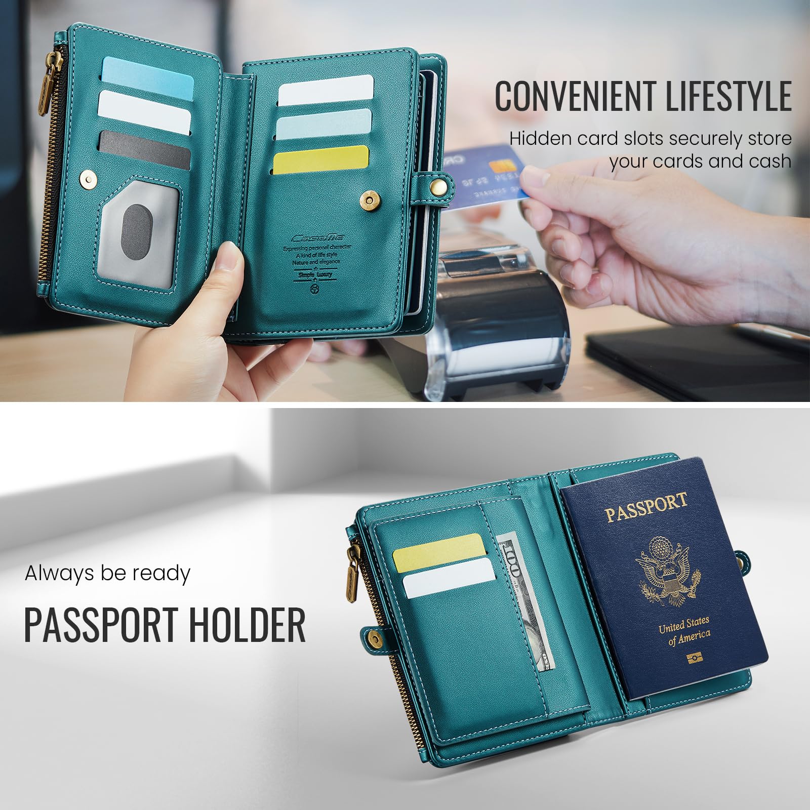 Portefeuille de passeport avec blocage RFID avec dragonne, porte-passeport de voyage en cuir synthétique avec 11 emplacements pour cartes, poche zippée et fermeture magnétique, portefeuille de