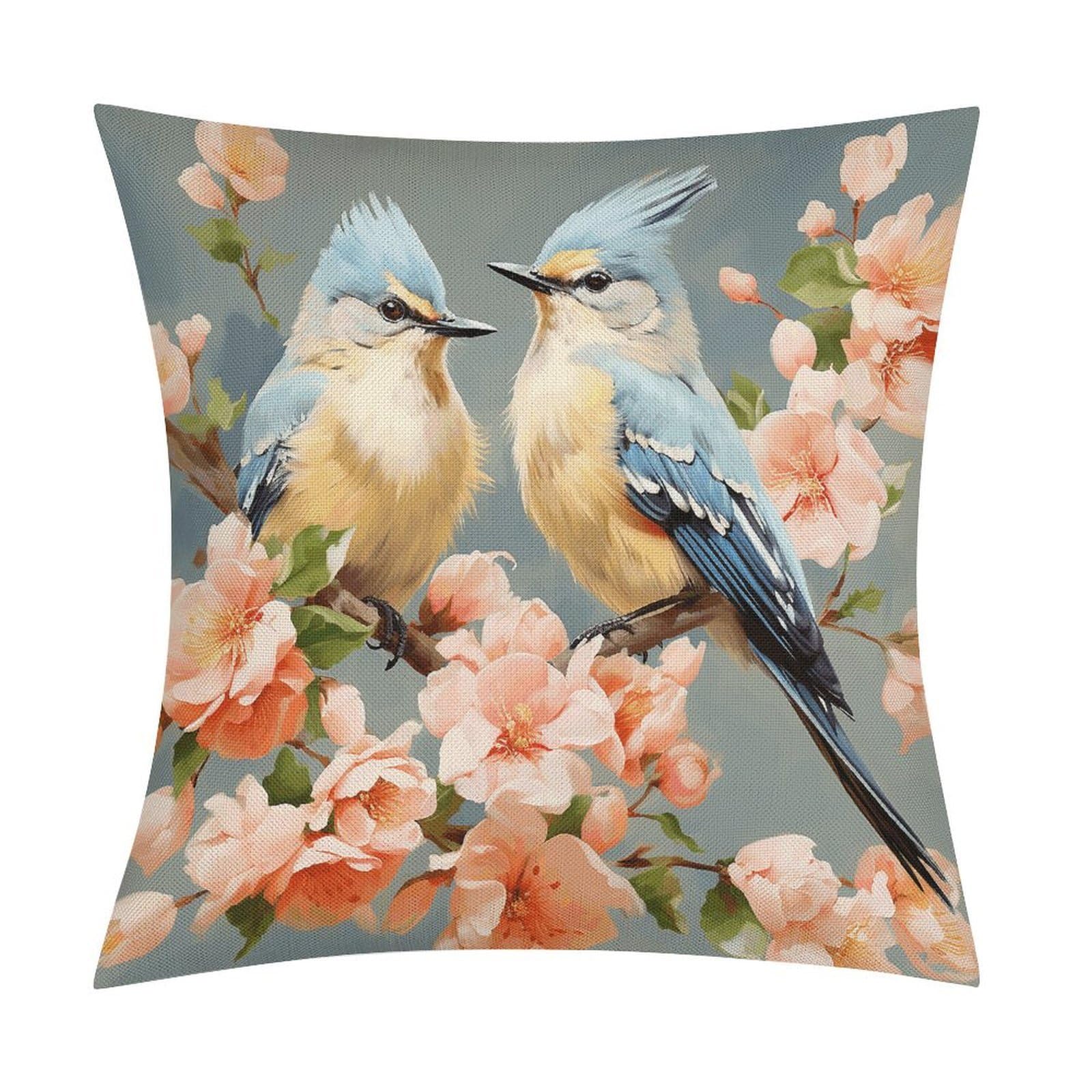 Fodpand Style Flower And Bird Painting Pillow Covers 18X18 Inch, Pillow Cases Boho Farmhouse, Throw Pillow Covers For Couch Sofa Bed Spring Home Decor