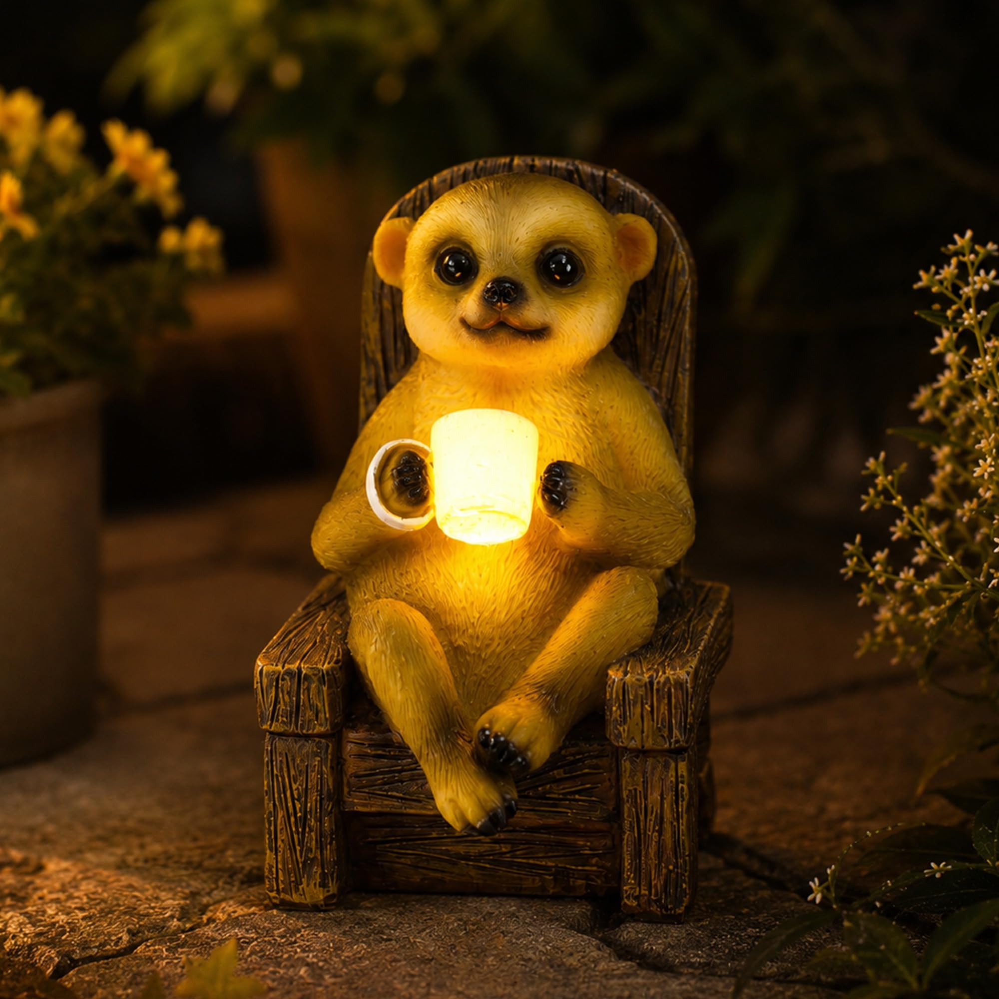 Yeomoo Figuras de jardín de suricatos con lámparas solares para exteriores – Divertidos suricatos bebiendo café en la mecedora regalos para mujeres, mamá, cumpleaños, decoración impermeable para