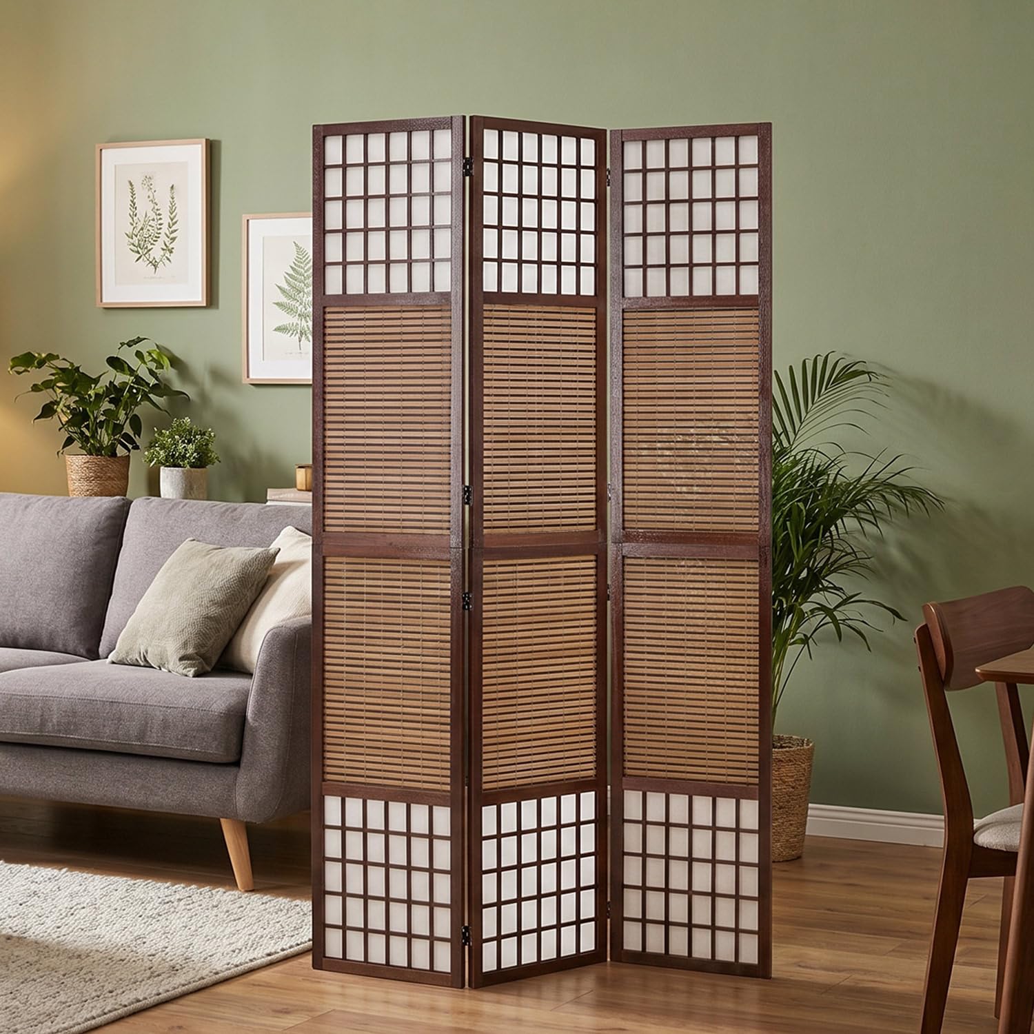 3 pan Diviseur de pièce paravent Taille spéciale 2 m de Hauteur - Bois diviseur Shoji avec Bambou au Riz Brun Blanc