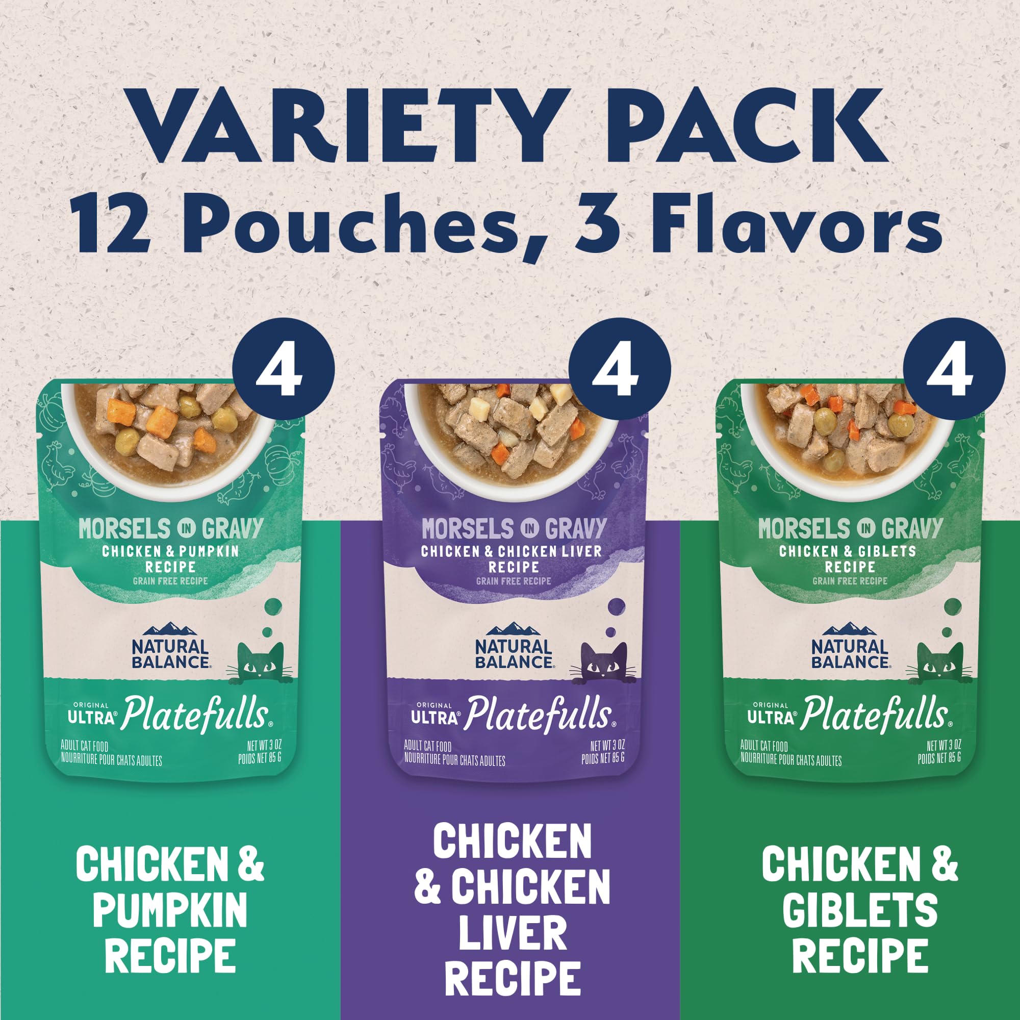 Natural Balance Platefulls Variety Pack - Chicken Morsels in Gravy Wet Cat Food, Chicken Cat Food Variety Pack, 3 oz., Case of 12