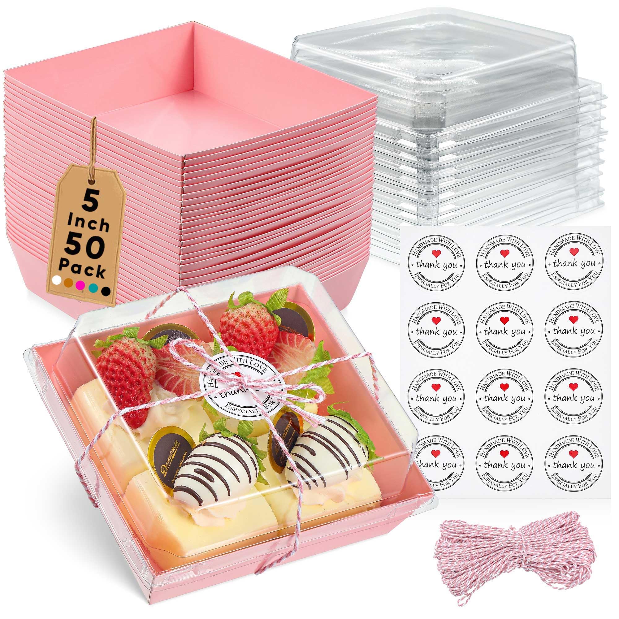 50 Pack Small Clear Treat Boxes - Dessert Boxes To Go - 5Inch Disposable Paper Mini Containers for Cookie, Cake Slice, Charcuterie, Bakery, Pastry, Strawberry, Baked Goods Packaging (Pink)