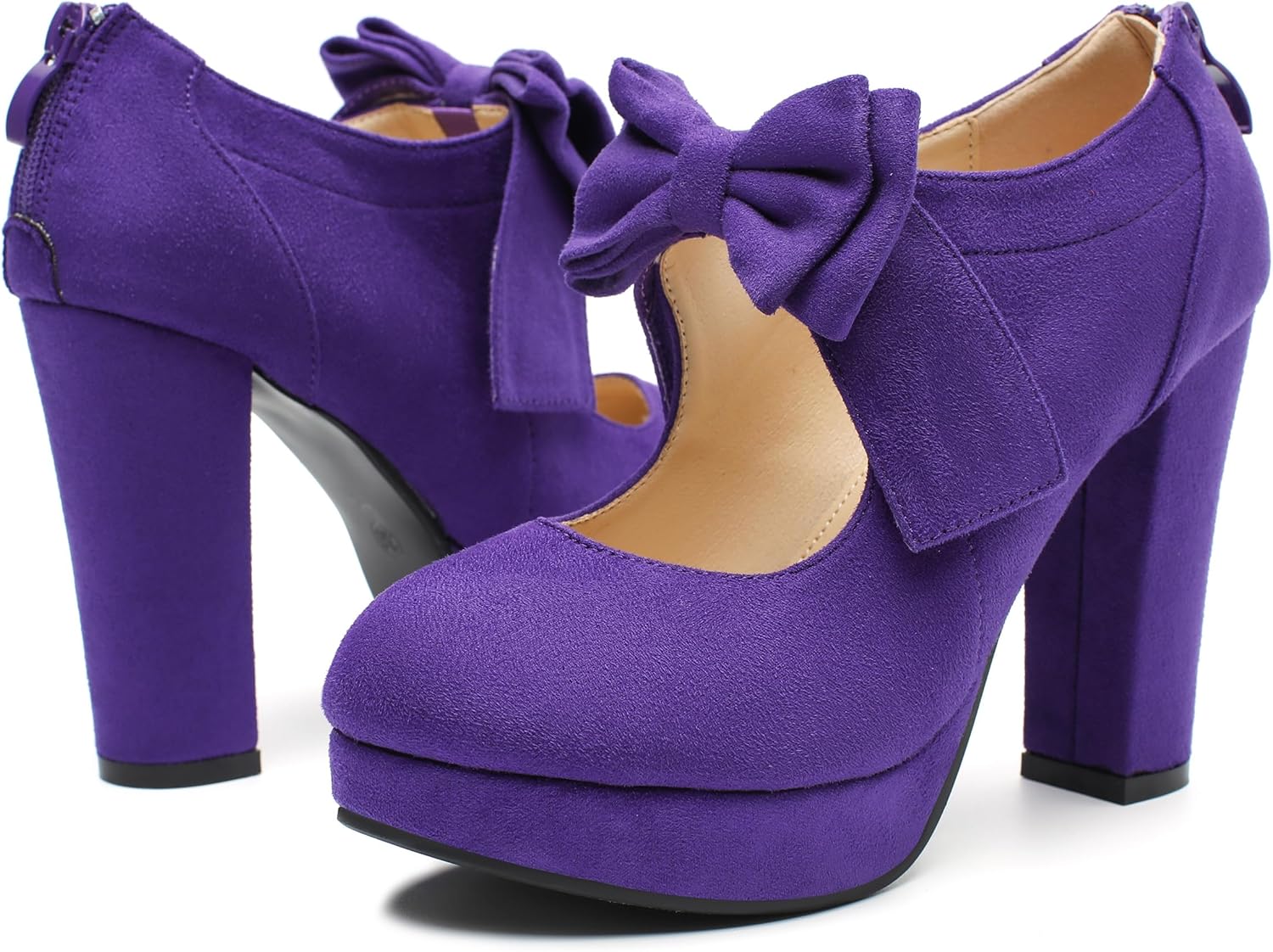 fereshte Women's Platform Mary Jane Pumps with Bow, High Block Heel, Closed Toe, Zip Closure