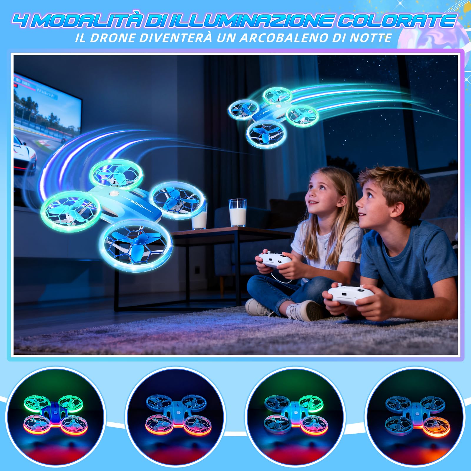 Charmofun Mini Drone Giocattolo per Bambini, Drone Telecomandato con 4 Effetti Luci Led, Droni per Principianti con Capriole a 360°, 3 Batterie, Regali per Bambini e Bambine 6 7 8 9 10+ Anni