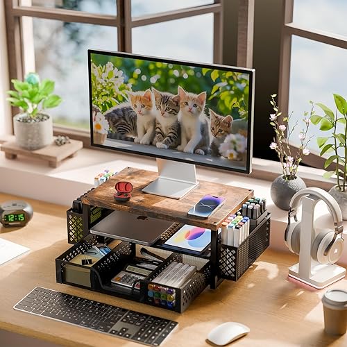 Miniatura 4 de Simple Trending Soporte elevador para monitor de 2 niveles, organizador de escritorio de computadora de madera con cajón y soporte para bolígrafo