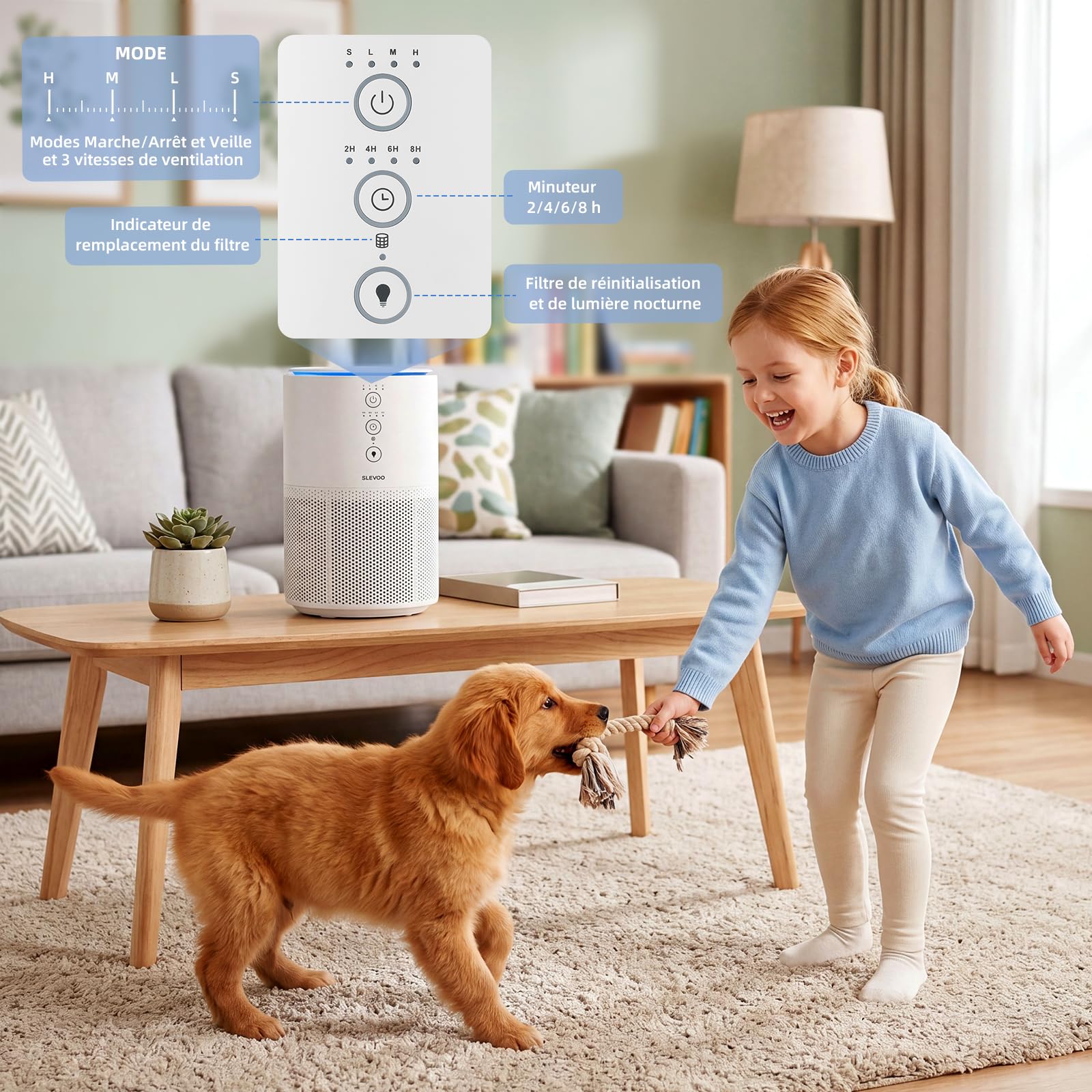 Slevoo Purificateur D'Air Chambre, Éliminant 99,97% La Fumée, La Poussière, Le Pollen Et Les Odeurs, Filtre Hepa H13 Avec Éponge Parfumée, 3 Niveaux De Vitesse & Time Mode Sommeil À 23 Db,Blanc