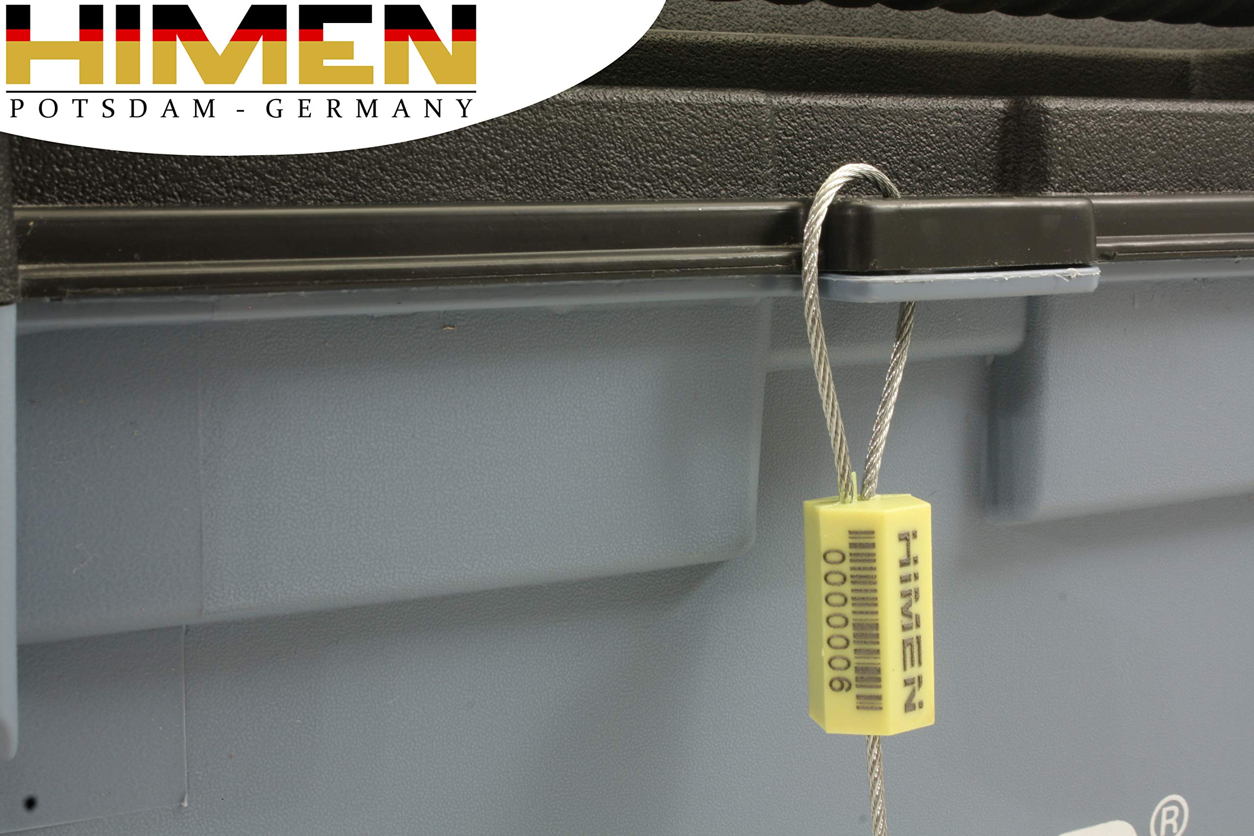 HIMEN 50 Plomben aus Metall mit Drahtseil – Sicherheitsplomben fortlaufend nummeriert mit Barcode, Länge 280 mm, Modell PCS-1.8, gelb