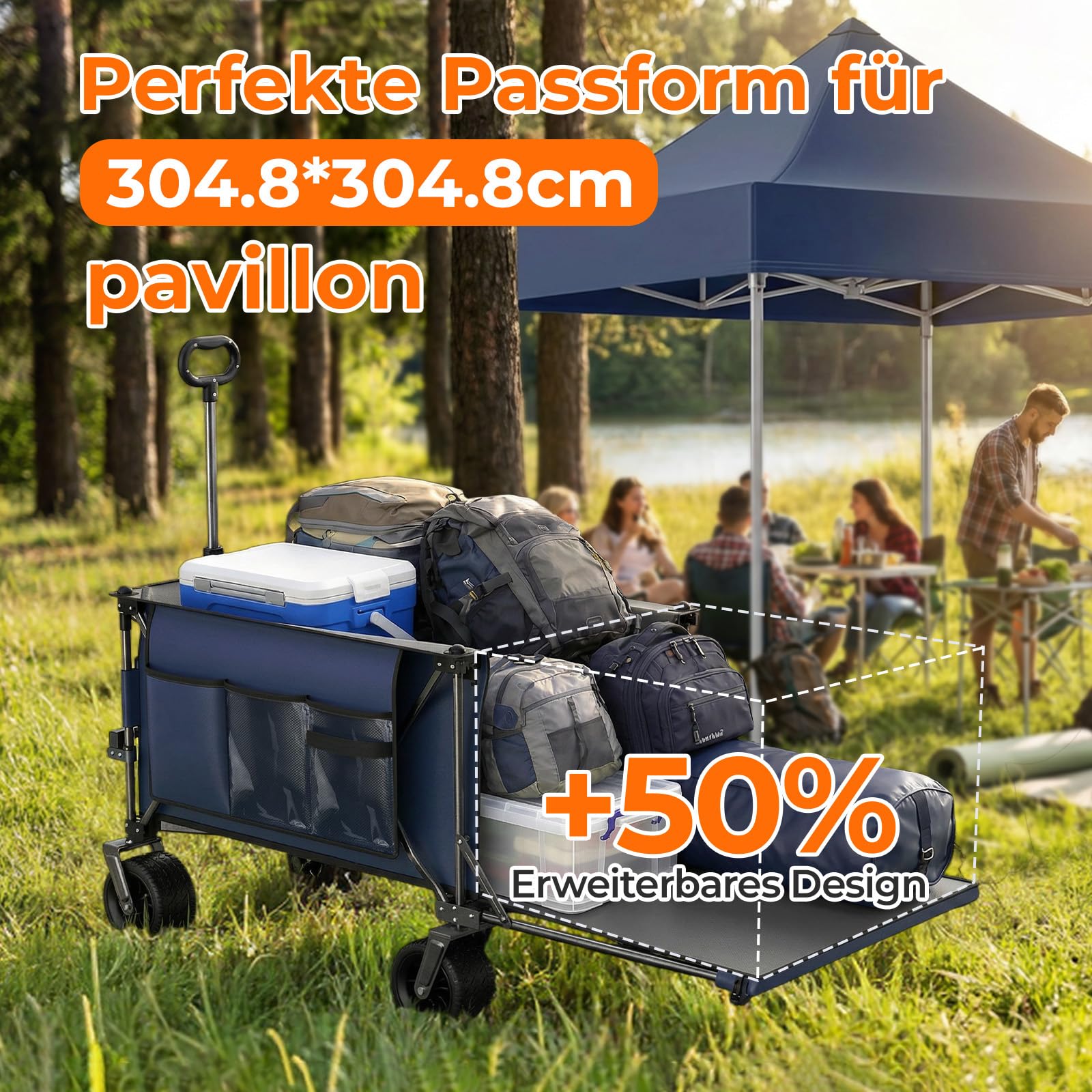 Chariot Pliable 300L (200+100L) avec Hayon Rabattable 140cm, Roues Tout-Terrain Extra Larges 17x10cm, Chariot de Plage Compact pour Camping Jardin Courses (Bleu Gris)
