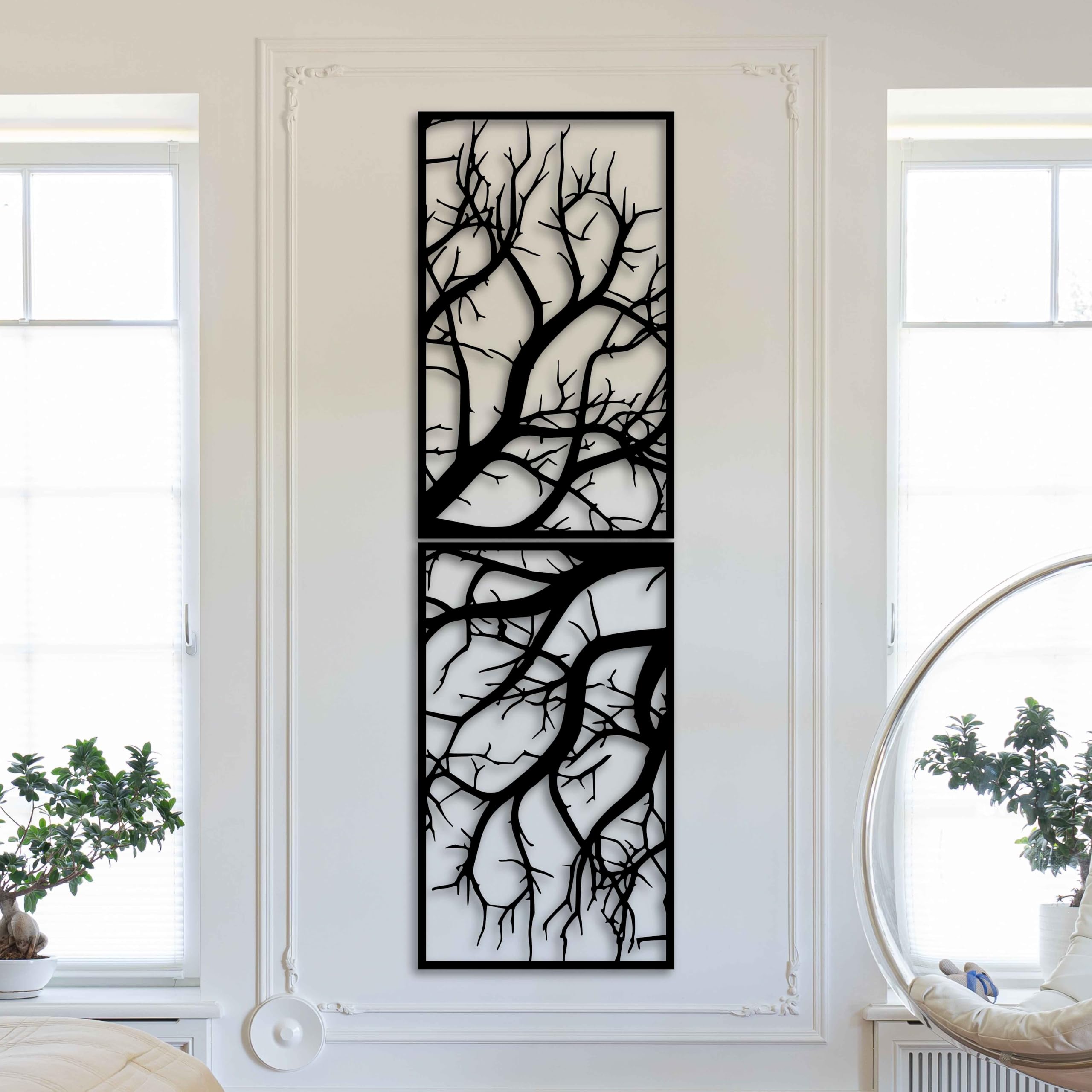 KAWA METALWORKS Arte de pared de metal, decoración vertical de pared de metal para sala de estar, árbol grande para interiores y exteriores, escultura de pared de metal de árbol negro, dorado,