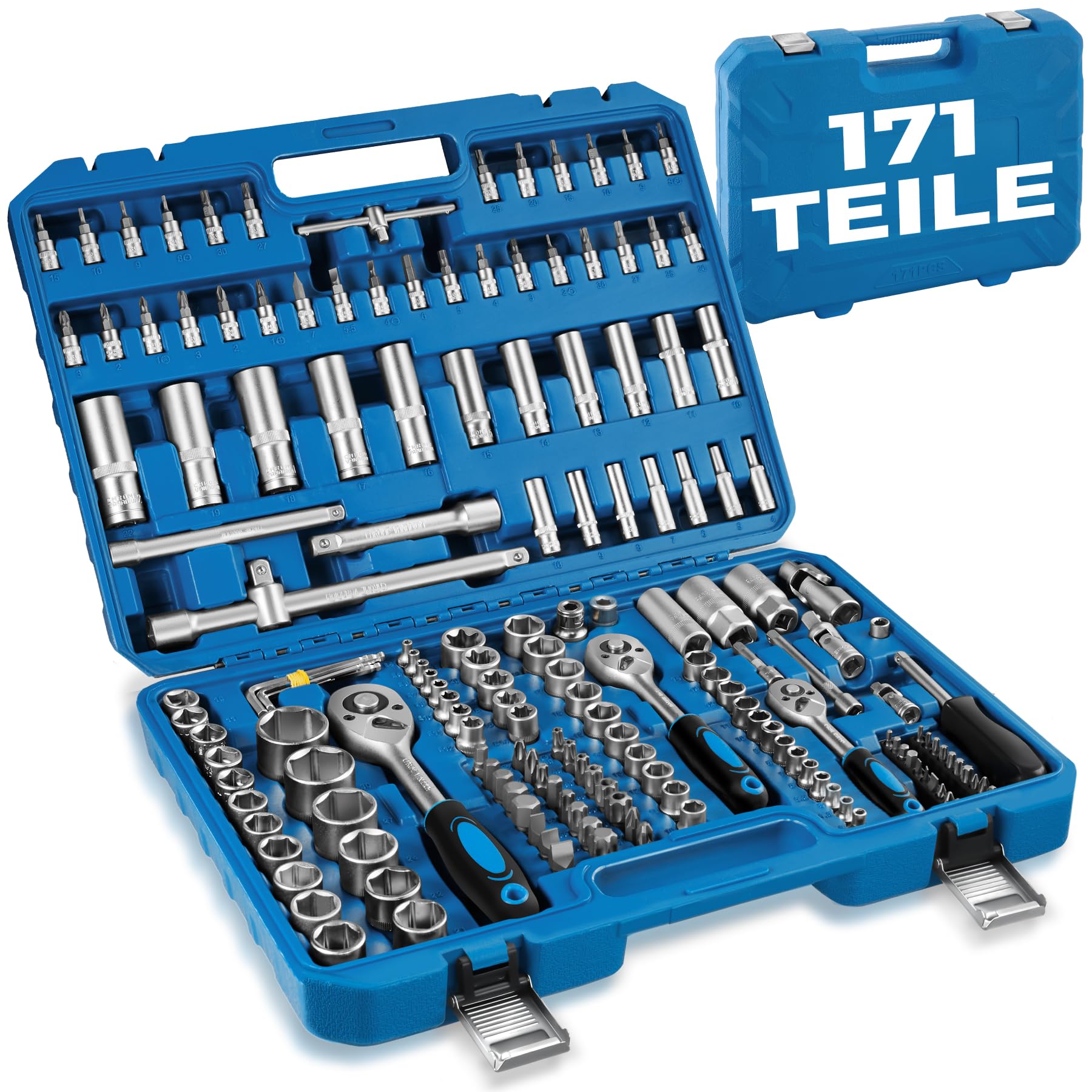 tectake® 171 tlg. Knarrenkasten 1/4, 3/8 und 1/2 Zoll Nusskasten, Ratschenkasten, Steckschlüssel Set, Werkzeugkoffer gefüllt, Ratschenschlüssel Set, Werkzeug Set aus Chrom Vanadium Stahl, Heimwerken