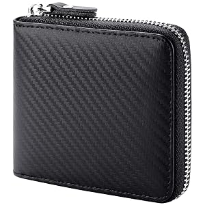 Mens RFID Blocking Bifold Wallet Genuine Leather Zipper Design Credit Card Holder Compact Secure Carbon Fiber Black