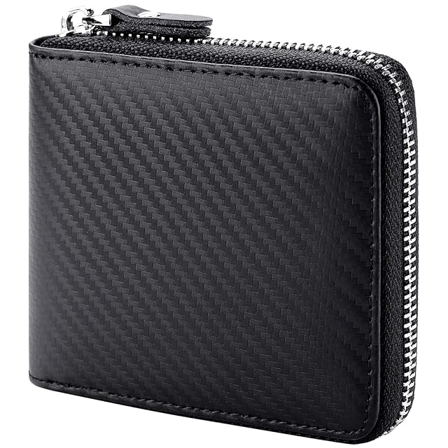 Mens RFID Blocking Bifold Wallet Genuine Leather Zipper Design Credit Card Holder Compact Secure Carbon Fiber Black