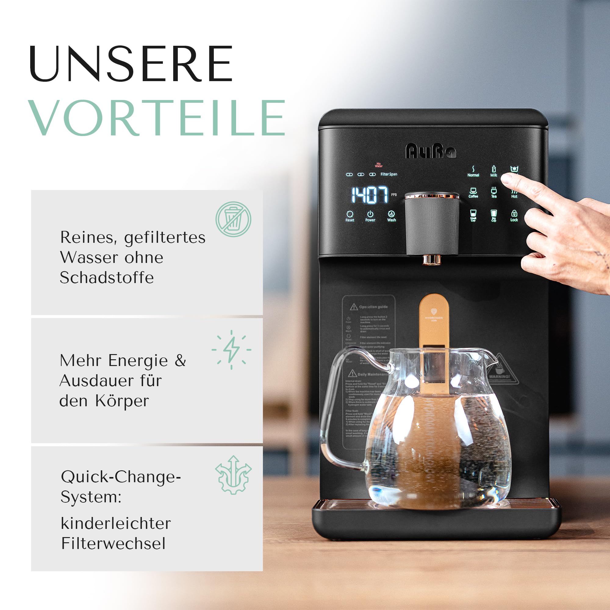 AuRa Osmoseanlage Trinkwasser [Ohne Tank] - Platzsparender Wasserfilter für reines Wasser, Heißwasserspender, Wasserstoff-Wasser Spender, Umkehrosmoseanlage, Osmose-Wasserspender für Zuhause