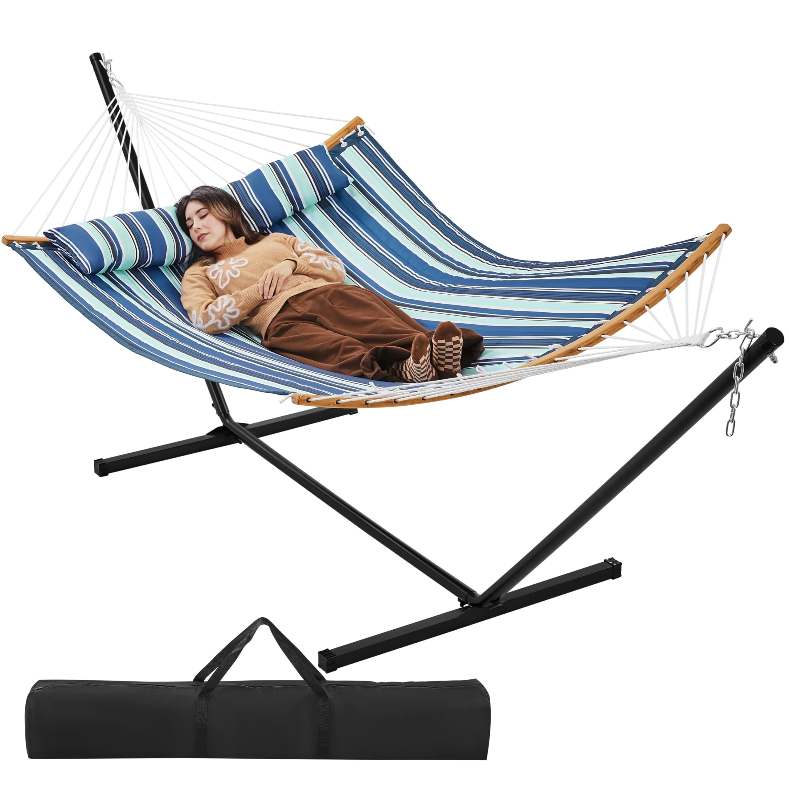 Yaheetech Hängematte mit Gestell & Kissen, XXL Doppelhängematte mit Ständer bis 216 KG Belastbar für 2-3 Personen, Höhenverstellbarer Hammock für Outdoor & Indoor, Blauer Streifen | XXL Doppelhängematte Belastbar für 2-3 Personen, Höhenverstellbarer Hammo