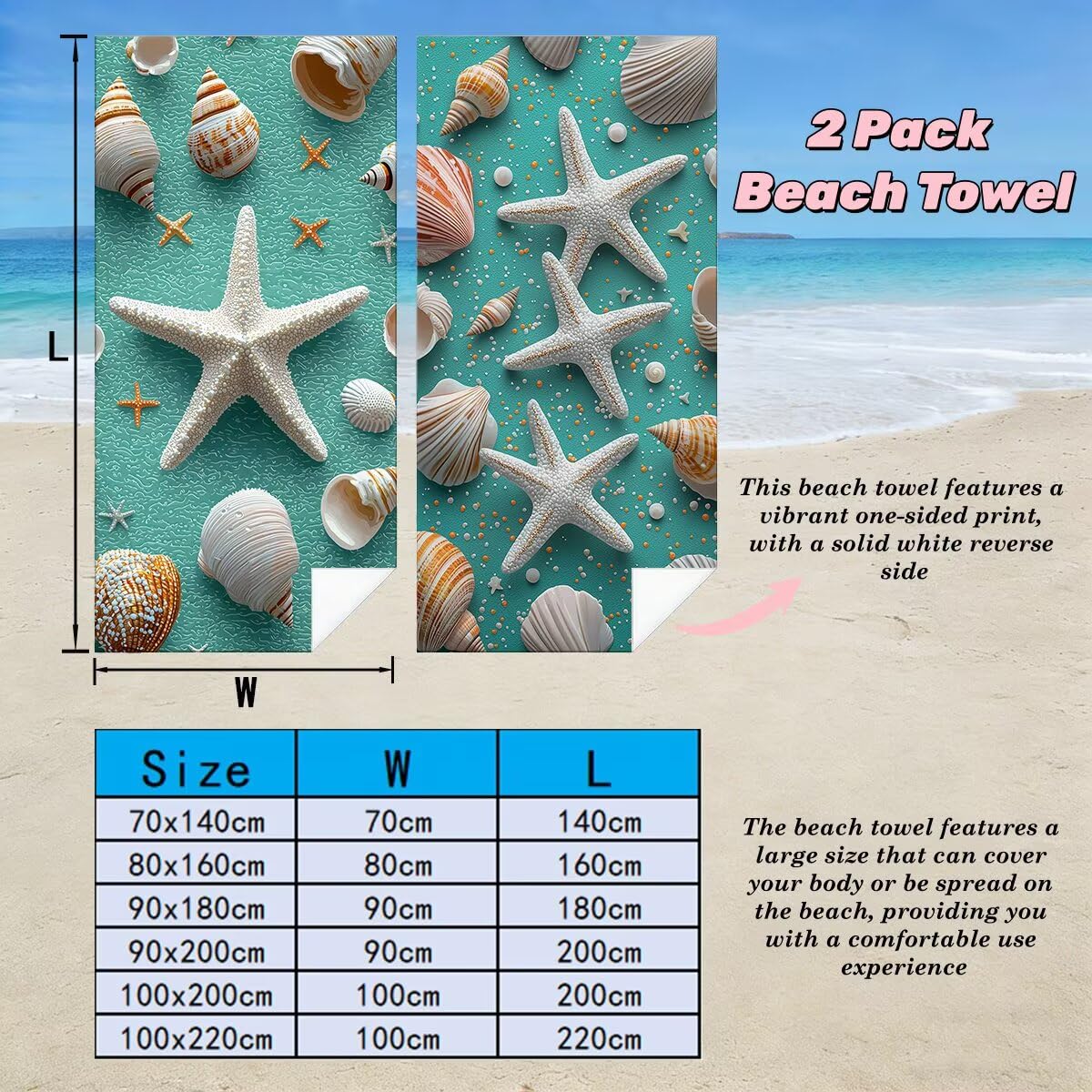 Juego de 2 Toalla Playa Grande 80x160 cm, Secado Rapido Toalla Microfibra Gimnasio, Antiarena Toallas de Playa Estrella de mar, Grande Ligera Compacta Toallas Microfibra Mujer Hombre para Viaje -4870