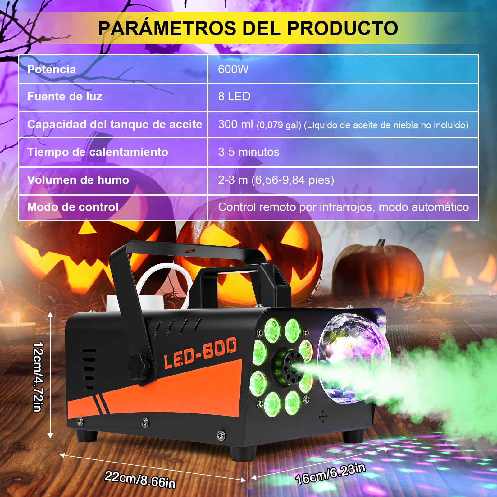 Máquina de Humo, GuKKK Mini Máquina de Humo de 600 W, Portátil Máquina de Humo con Remoto Inalámbrico, 8 LED 13 Colores RGB, para Fiestas de DJ,Presentaciones en El Escenario y Halloween/Navidad