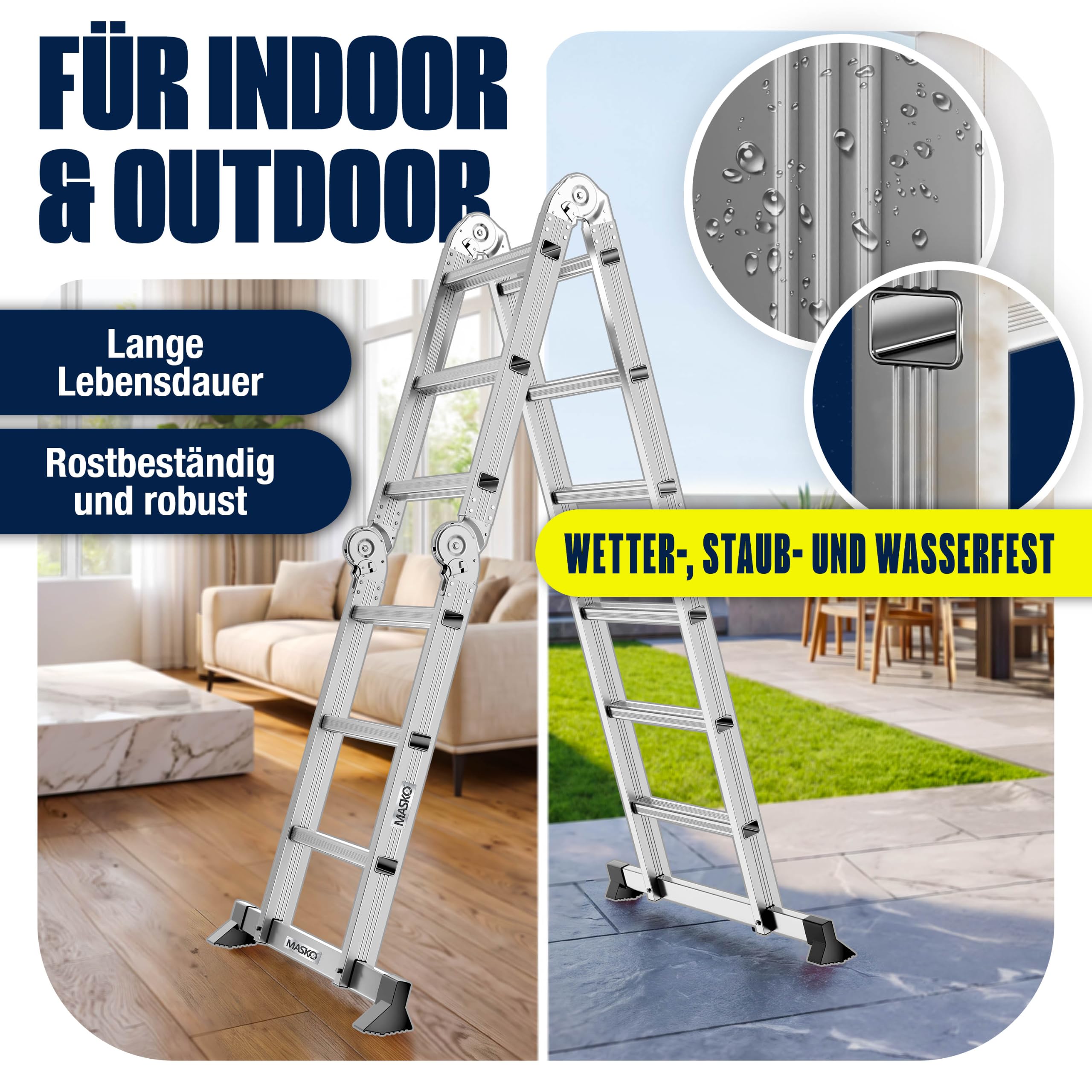 MASKO® Leiter Aluminium 4x3 Stufen, Mehrzweckleiter | - 360 cm | | 150 Kg belastbar, 6in1 multifunktional mit Verriegelung, Gelenkleiter, Anlegeleiter, beidseitige Steh- und Treppenleiter