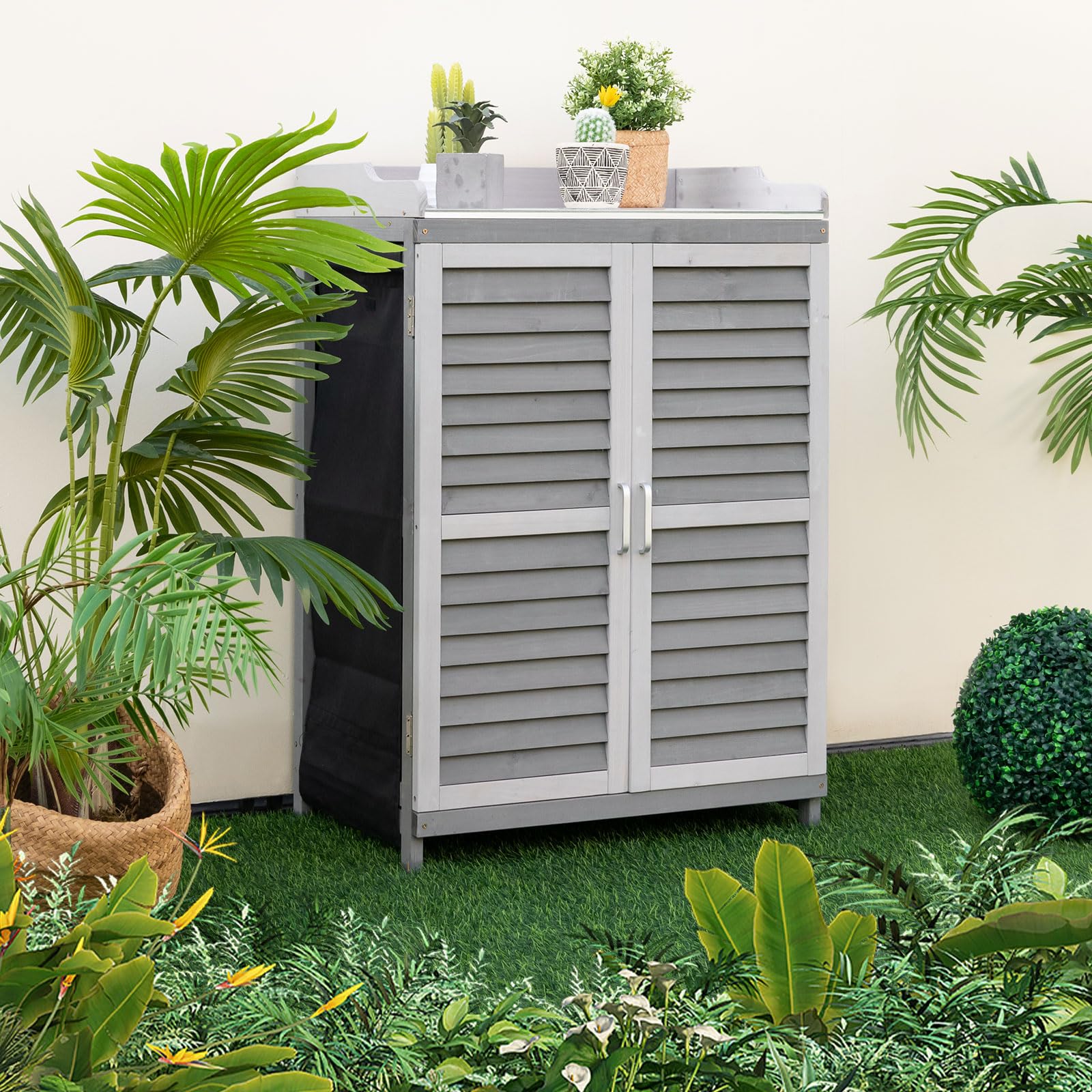 GOPLUS Table de Rempotage de Jardin en Bois de Sapin, 67 x 46 x 99,5 CM, Armoire de Rangement Extérieur, Plateau en Métal, Étagère, 2 Porte Magnétique Persiennes, Rideaux Latéraux, pour Outil, Plante