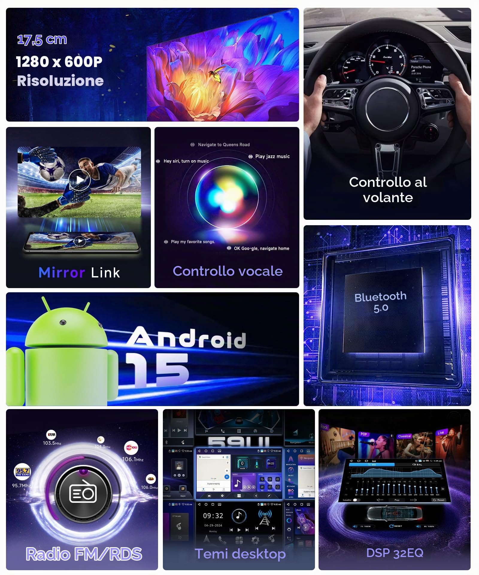 VECHTEL 4G+64G Android 15 Autoradio 1 Din con Carplay Android Auto senza Fili, 6.9 Pollici HD IPS Schermo Tattile Stereo Auto con Bluetooth 5.0 Radio FM RDS GPS Wi-Fi Mirror Link USB/Type-C Telecamera