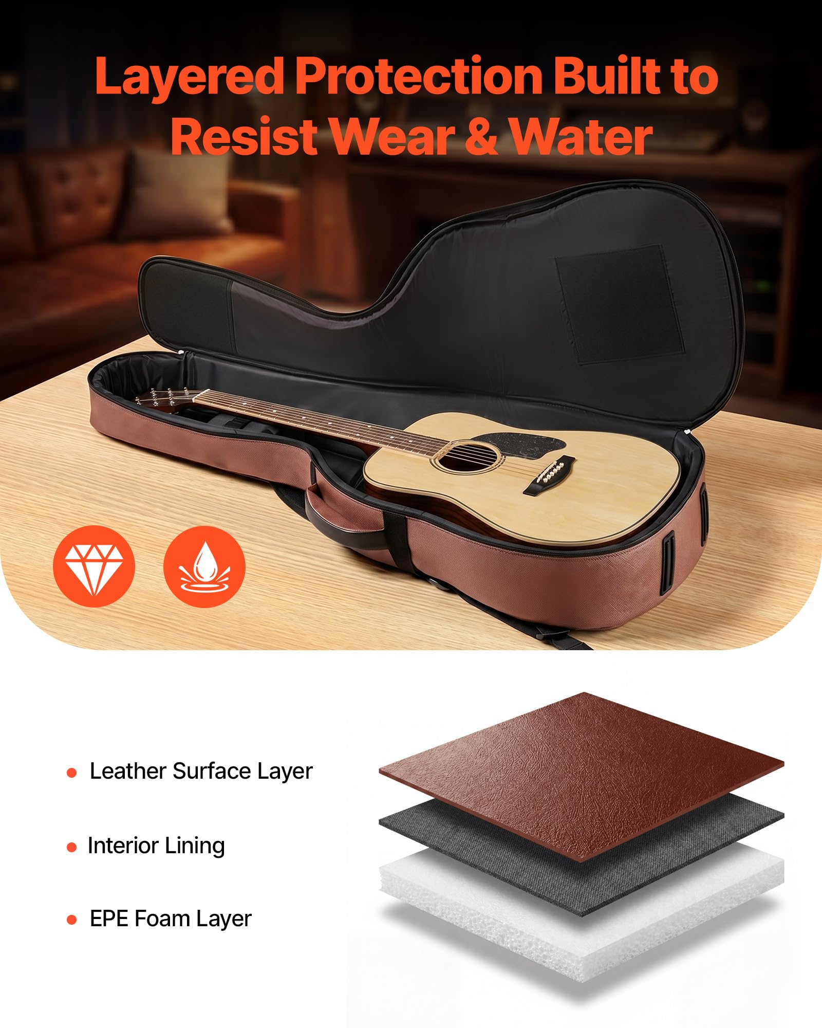 VEVOR Funda para Guitarra Acústica de 41 Pulgadas 104,1 cm Marrón con Asa, con Acolchado de Espuma, Compartimento Externo para Accesorios y Correas para Hombro, Funda de Cuero Sintético de 119,5 cm