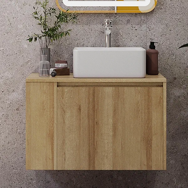Chyanmoo 30 Inch Floating Bathroom Vanity with Sink – Wall-Mounted Vanity with Hidden Drawer, Natural Wood Finish, Modern Vessel Sink Vanity for Bathroom(Nature with Sink, 30")