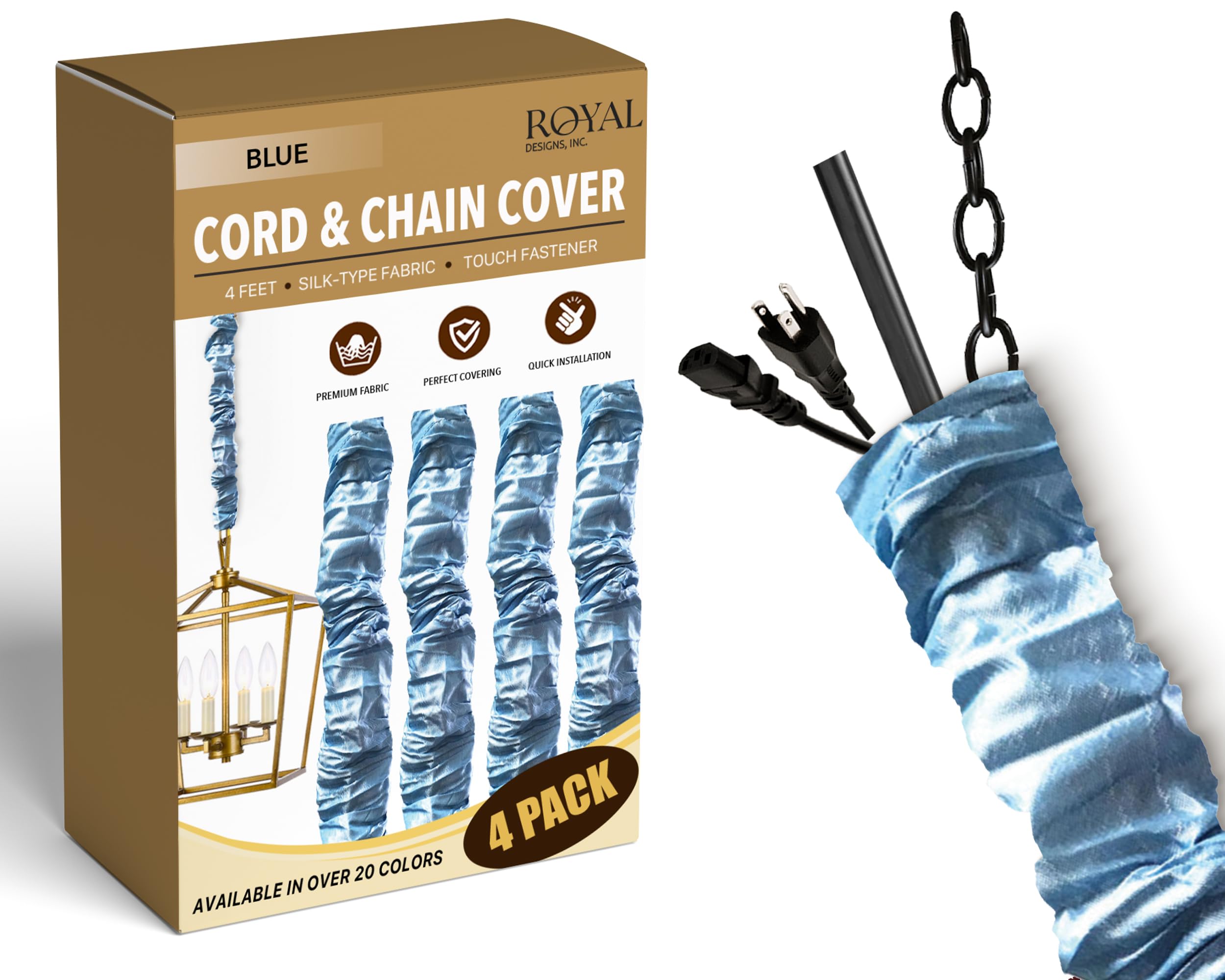 Royal Designs, Inc. Cord &amp; Chain Cover 4 ft Silk Type Fabric, Chandelier Pendant Lighting Chain &amp; Cable Management, Touch Fastener, Blue - 4 Pack