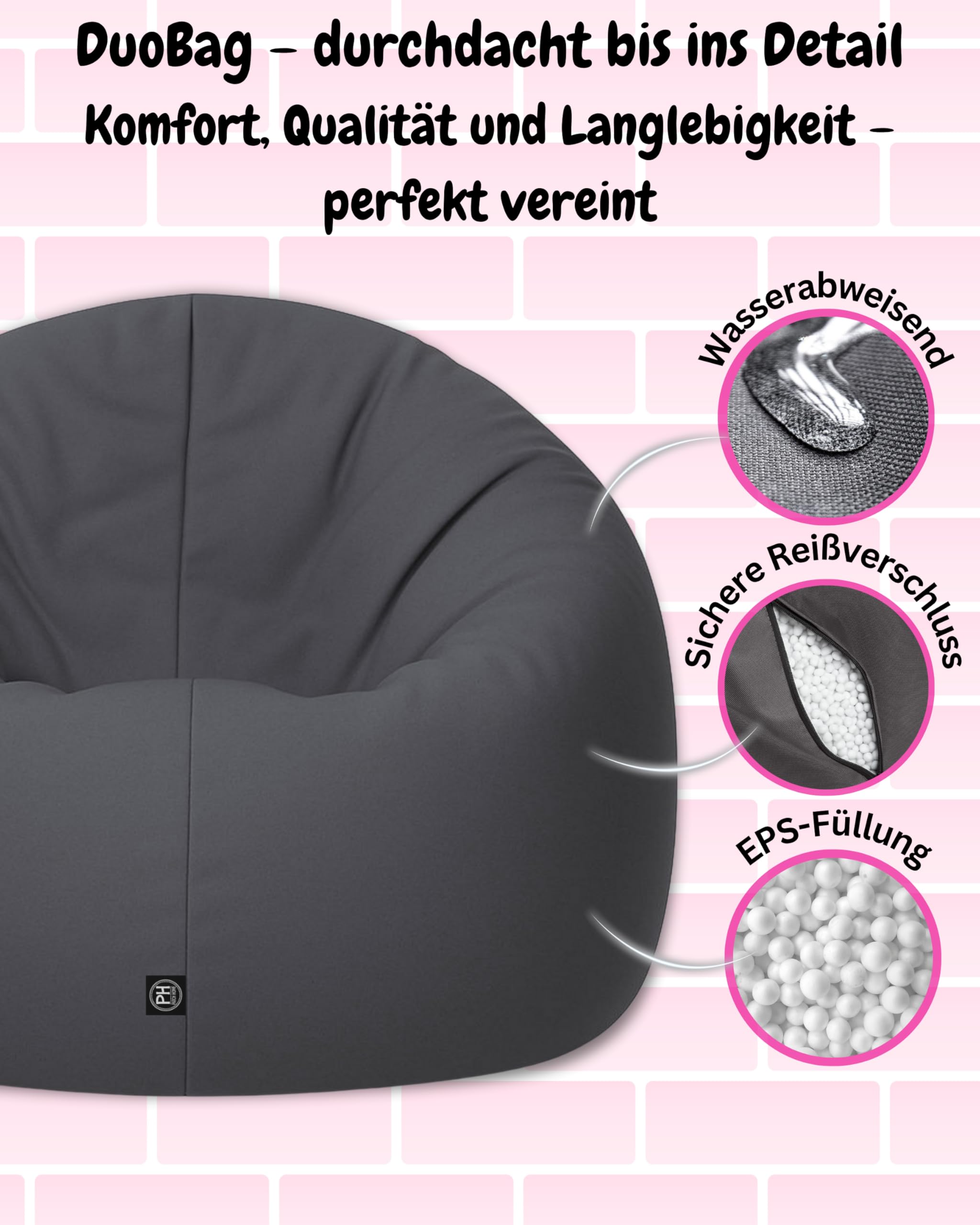 PATCH HOME 2 in 1 Funktion Sitzsack Sessel Bean Bag Sitzsäcke Gaming mit Reißverschluss bereits befüllt - Ø 125cm -Anthrazit