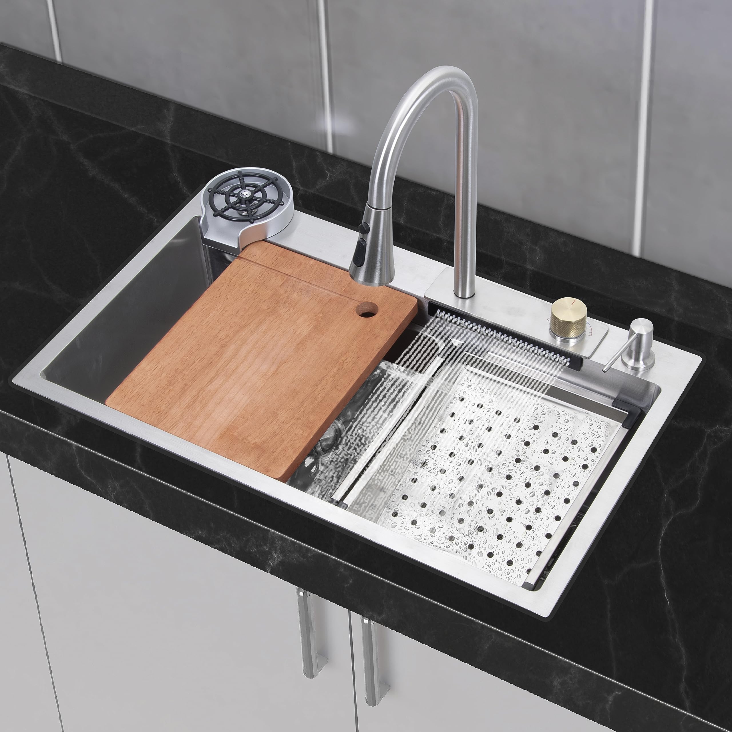 Plantex Kitchen 304 Grade Stainless Steel Sink with Integrated Waterfall and Pull-down Faucet Set/Cup washer and Drain Baskets (30x18x9 inch, Silver Matt)