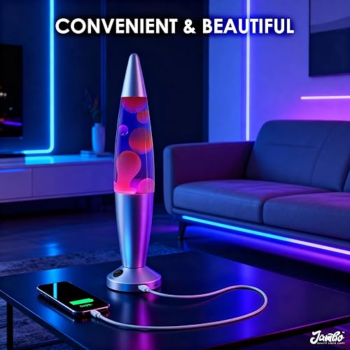 Miniatura 2 de JAMBO Hermosa lámpara líquida con puertos USB, luz de movimiento de 16" con líquido azul y cera morada, luz nocturna relajante, luz ambiental para