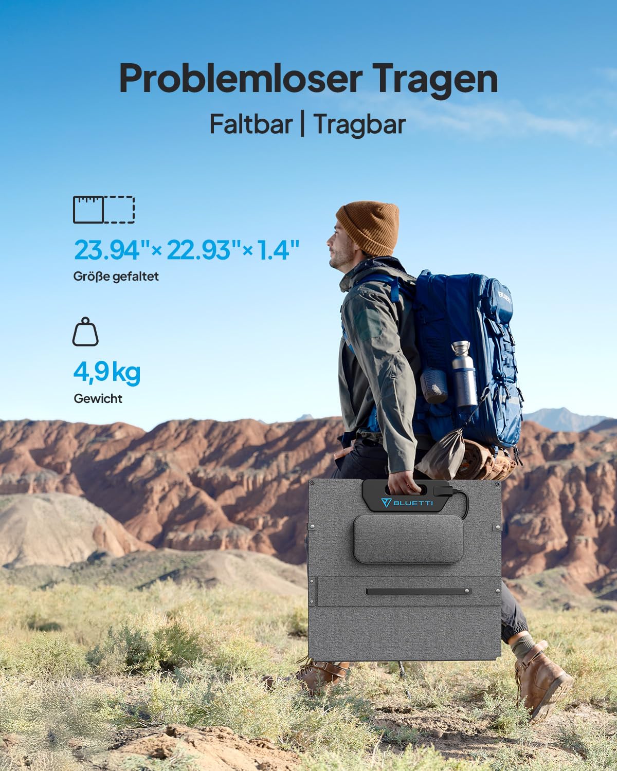 BLUETTI 100W Solar Panel, 100W für Tragbare Powerstation EB3A AC2A AC50B AC70 AC180 AC200L AC300, Faltbar Solarmodul mit Verstellbaren Ständern für RV, Camping, Garten