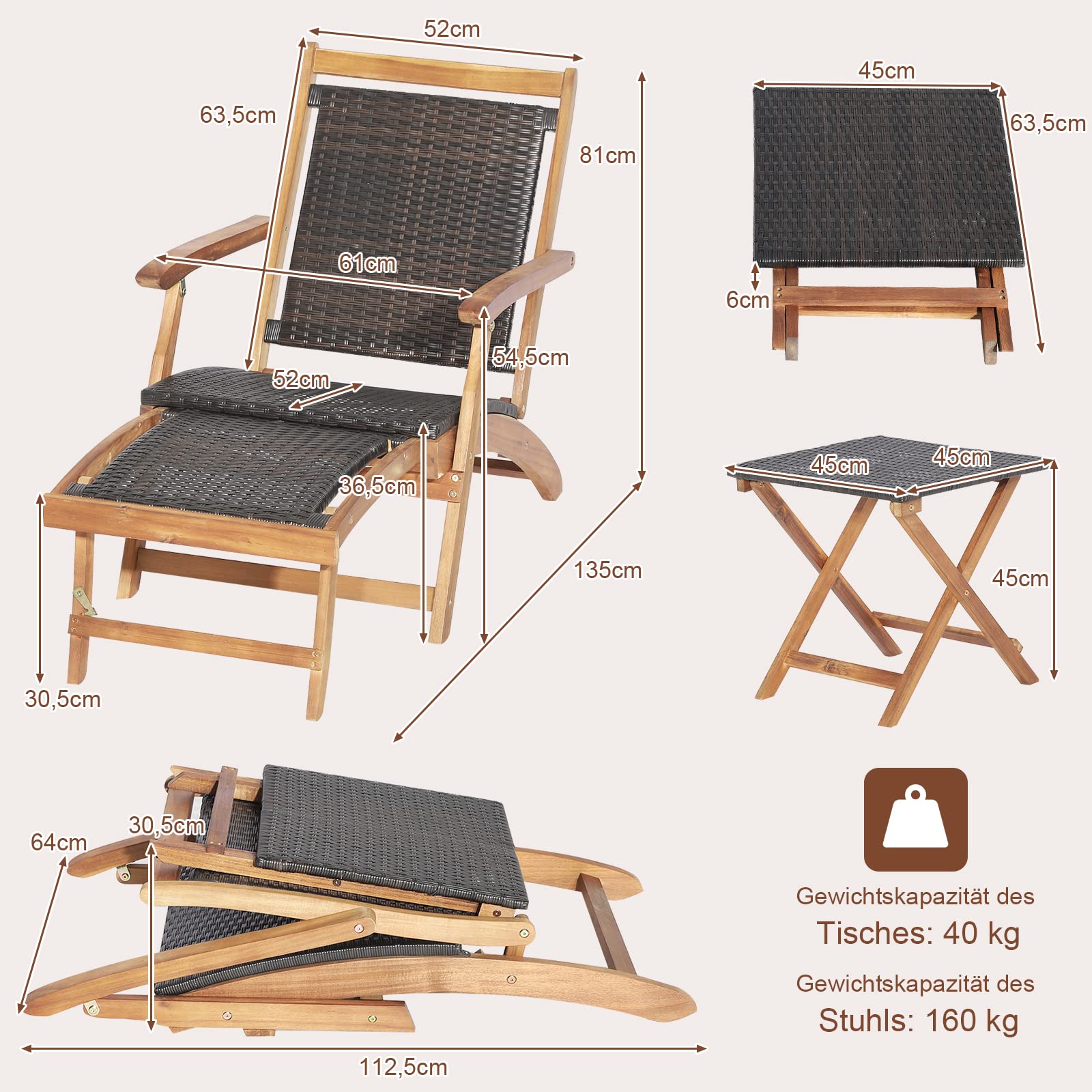 COSTWAY Sonnenliege klappbar, Gartenliege mit Klapptisch & ausziehbarer Fußteil, wetterfester Liegestuhl aus Polyrattan und Akazienholz, Relaxliege bis 160 kg belastbar, für Balkon, Garten, Terrasse