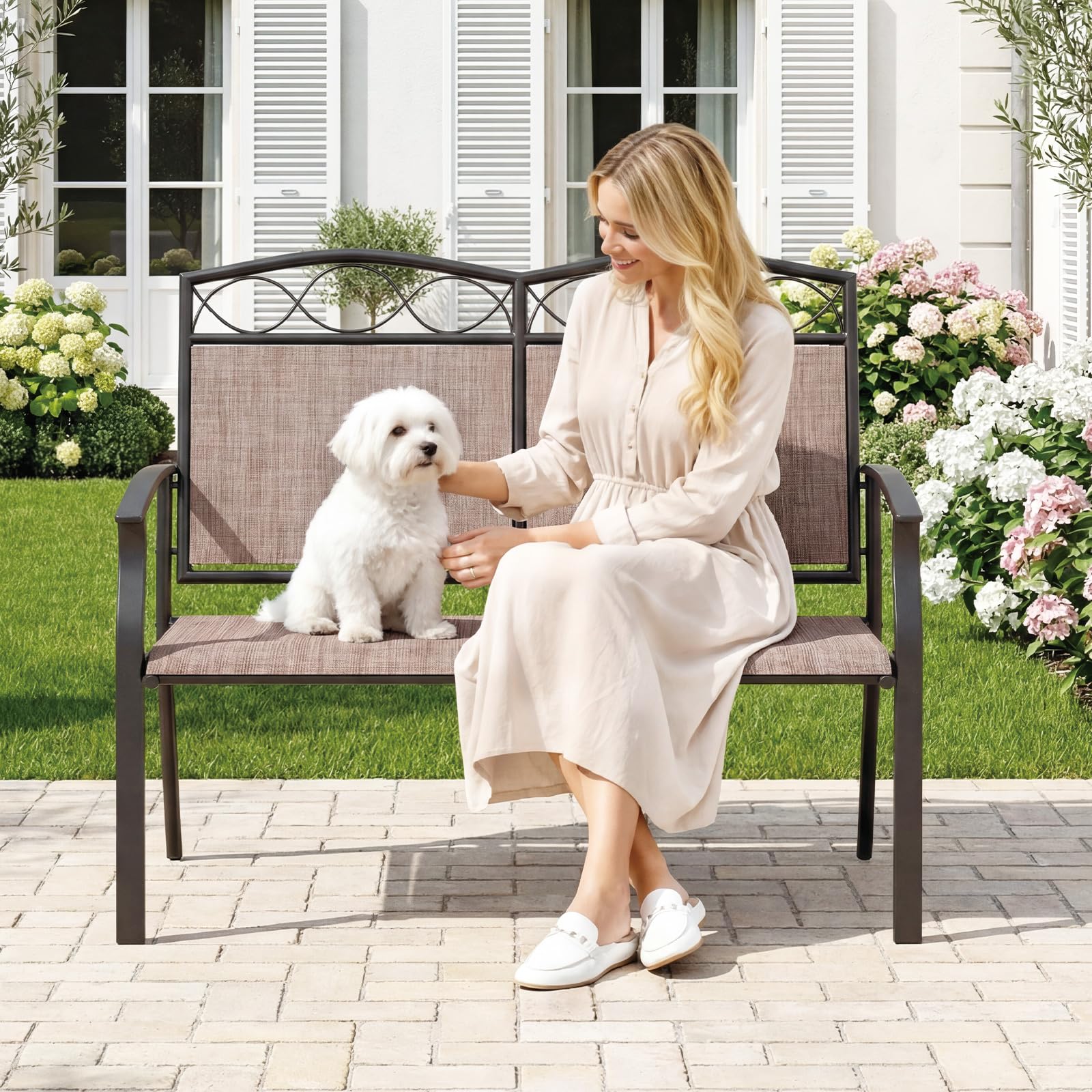 RELAX4LIFE Sedie da Giardino 2 Posti, Panchina da Esterno in Tessuto Traspirante con Schienale Alto e Braccioli, Telaio in Metallo, Piedini Regolabili, Max 300KG per Terrazza/Patio (105x71x93cm)
